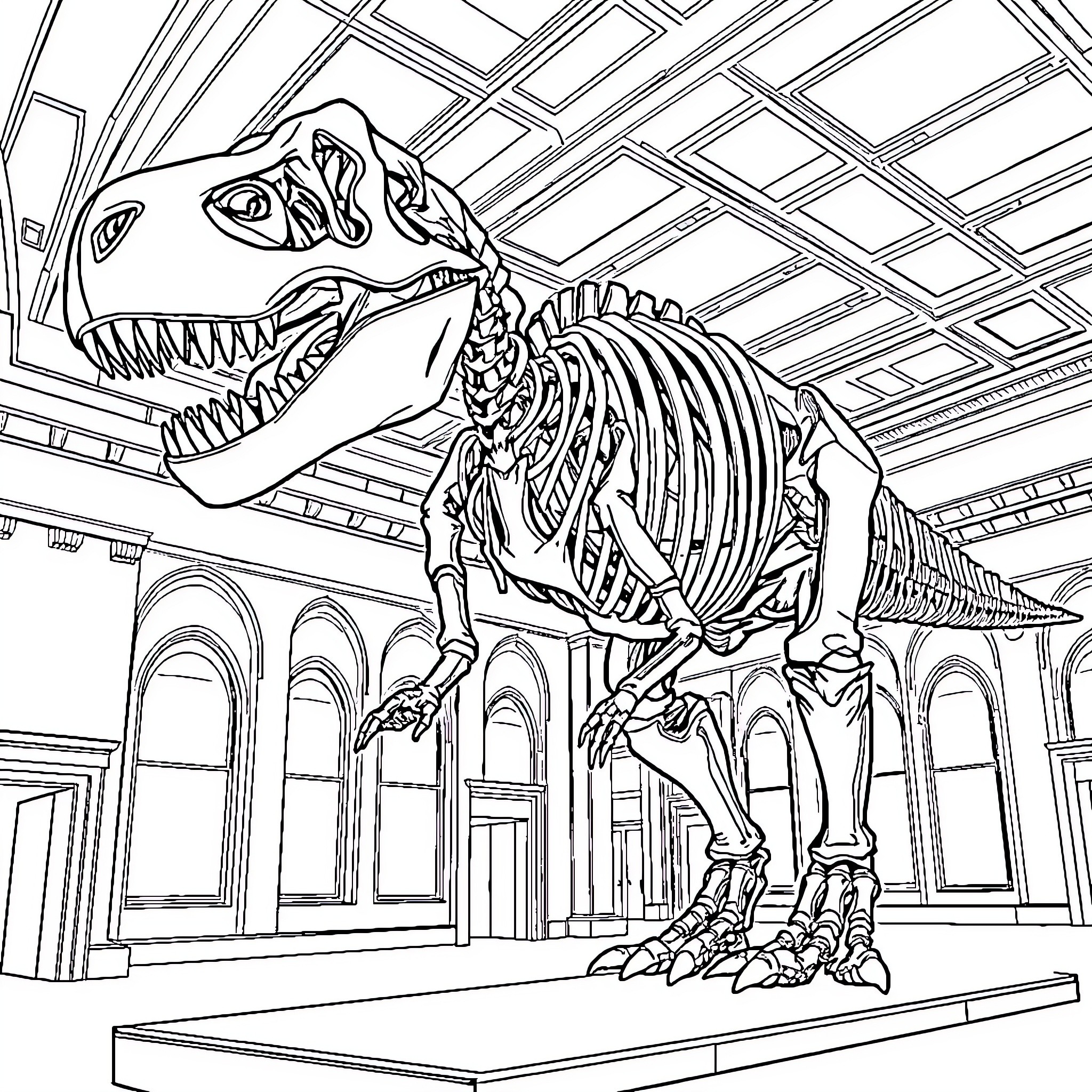 T-Rex Skeleton Exhibit in Museum Coloring Page (free black-and-white line drawing printable PDF for all, from beginners to advanced learners, including children, teens, adults, and seniors)