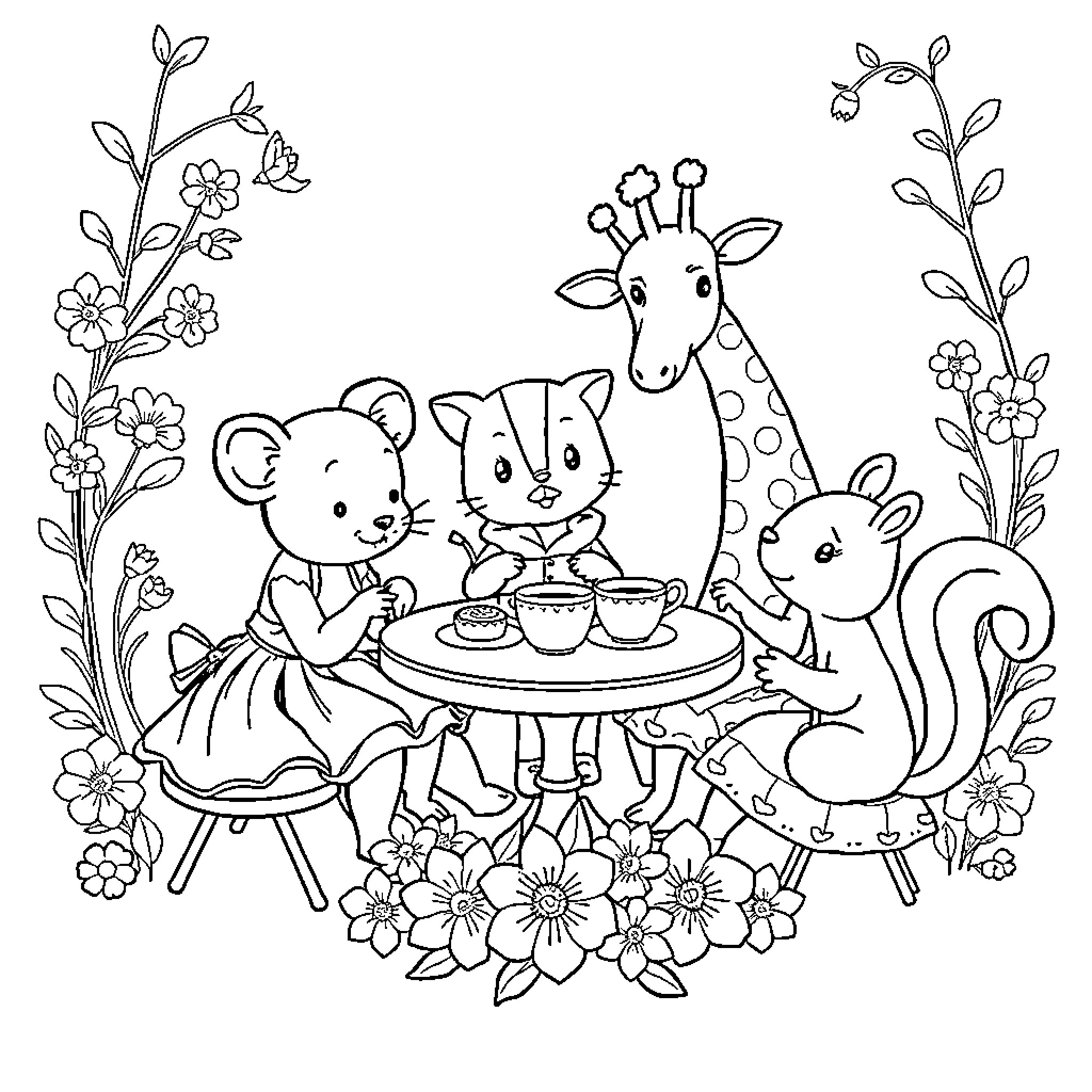 Animal friends having a tea party in a floral setting Coloring Page (free black-and-white line drawing printable PDF for all, from beginners to advanced learners, including children, teens, adults, and seniors)