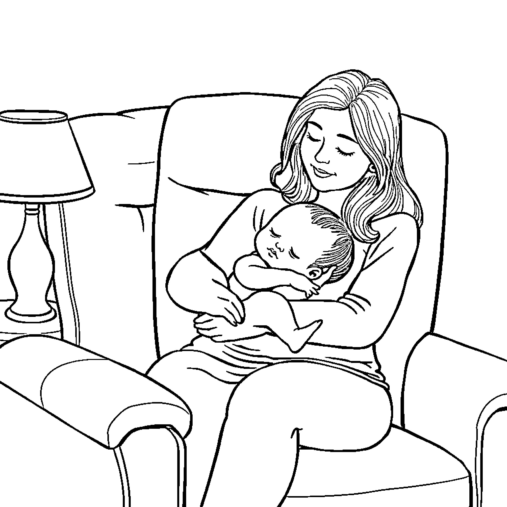 Baby being cradled lovingly by mother Coloring Page (free black-and-white line drawing printable PDF for all, from beginners to advanced learners, including children, teens, adults, and seniors)