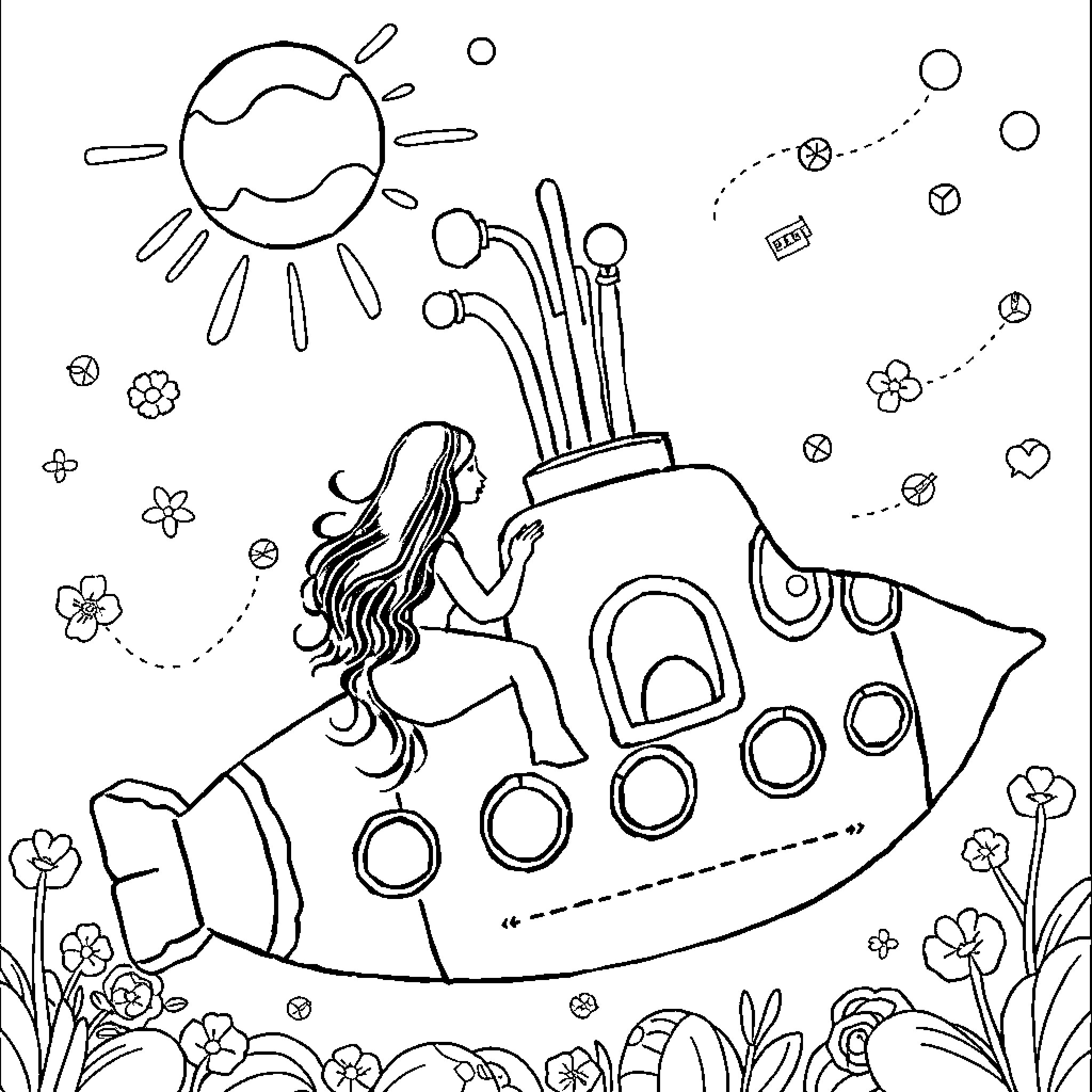 Maria exploring the whimsical submarine in a nature scene Coloring Page (free black-and-white line drawing printable PDF for all, from beginners to advanced learners, including children, teens, adults, and seniors)