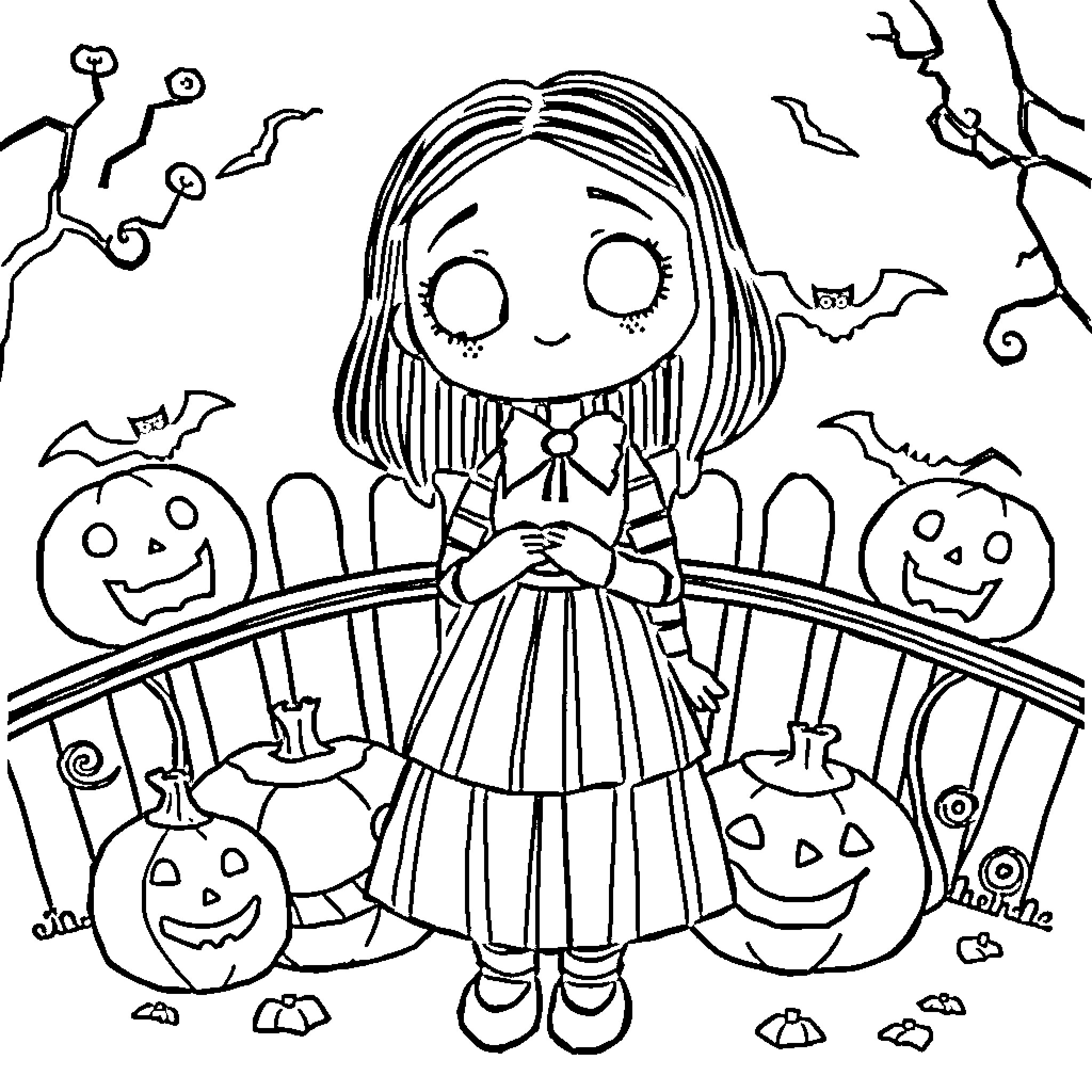 Wednesday Adams enjoys a spooky Halloween gathering Coloring Page (free black-and-white line drawing printable PDF for all, from beginners to advanced learners, including children, teens, adults, and seniors)