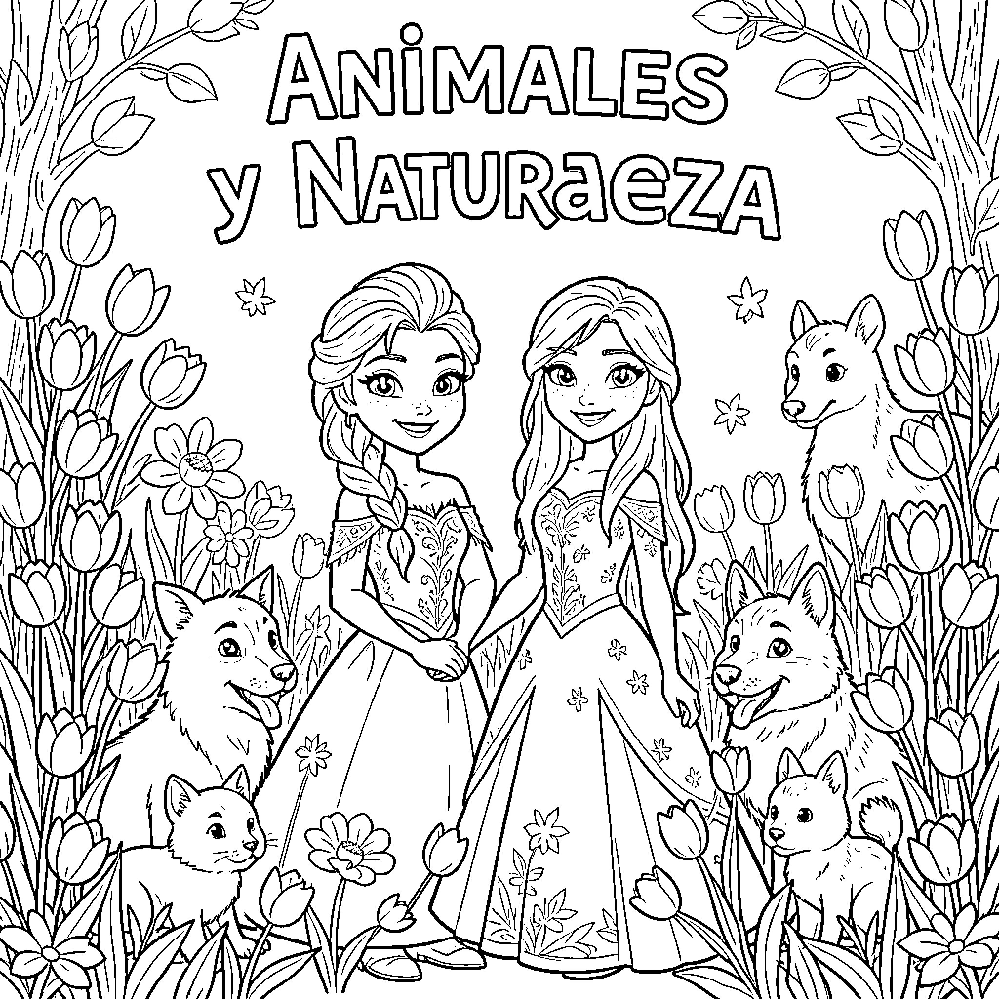 Elsa and a princess standing among flowers and animals Coloring Page (free black-and-white line drawing printable PDF for all, from beginners to advanced learners, including children, teens, adults, and seniors)