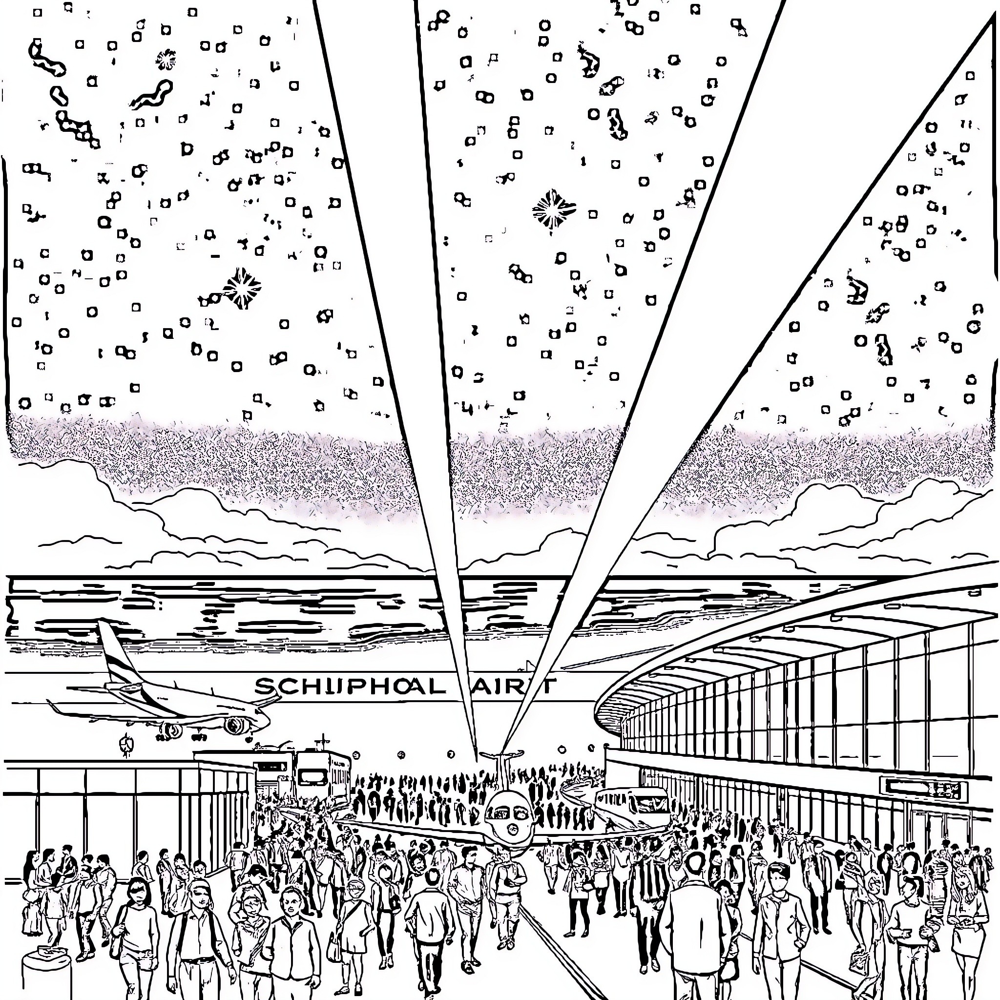Constellation of people in a bustling airport terminal Coloring Page (free black-and-white line drawing printable PDF for all, from beginners to advanced learners, including children, teens, adults, and seniors)
