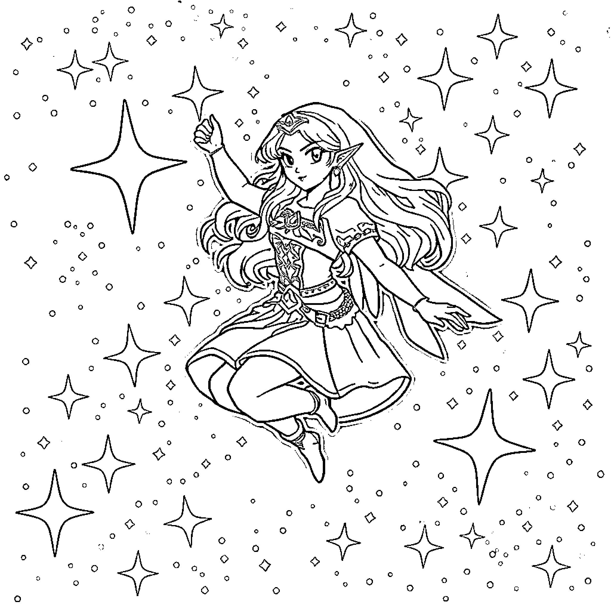 Princess Zelda casting magical spells in the starry night Coloring Page (free black-and-white line drawing printable PDF for all, from beginners to advanced learners, including children, teens, adults, and seniors)