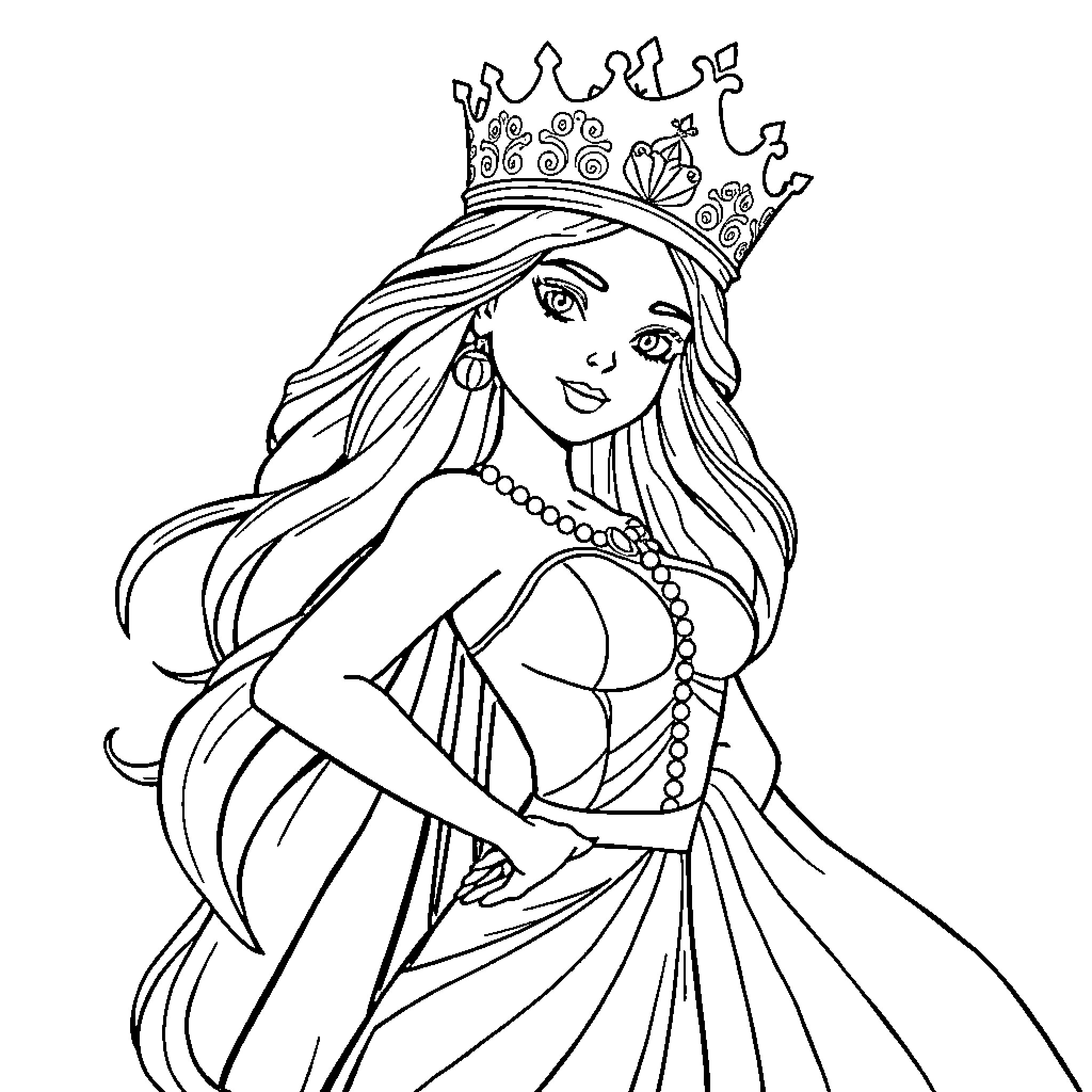 Queen in majestic attire with ornate crown Coloring Page (free black-and-white line drawing printable PDF for all, from beginners to advanced learners, including children, teens, adults, and seniors)