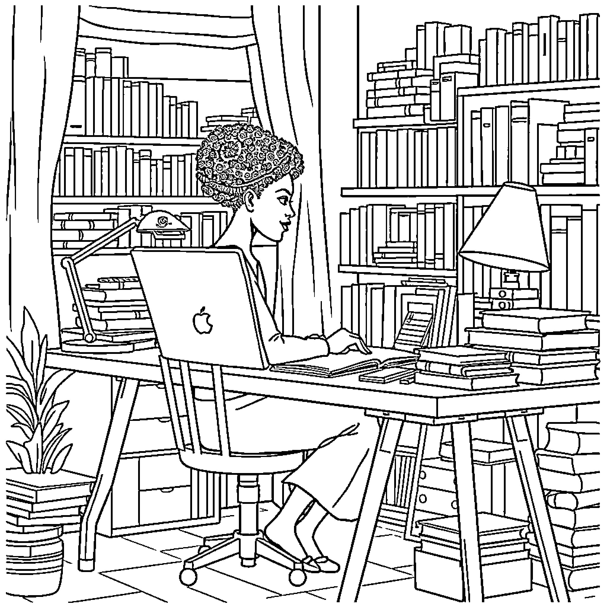 Lady working diligently on laptop in cozy library Coloring Page (free black-and-white line drawing printable PDF for all, from beginners to advanced learners, including children, teens, adults, and seniors)