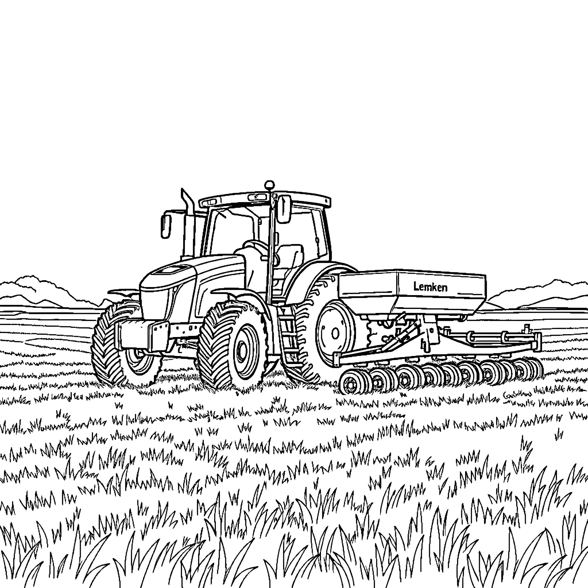 Tractor working in the field with equipment Coloring Page (free black-and-white line drawing printable PDF for all, from beginners to advanced learners, including children, teens, adults, and seniors)