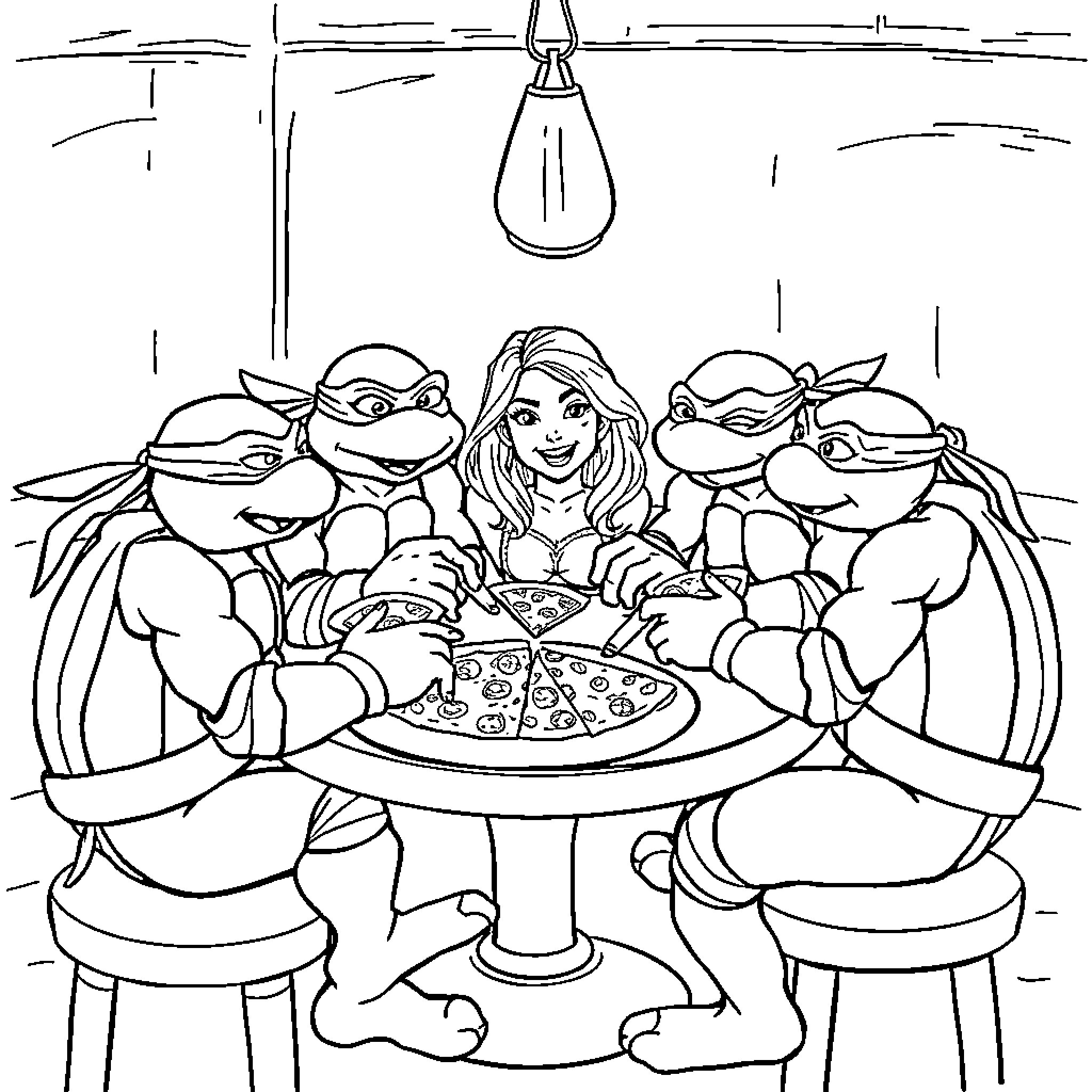 Teenage Mutant Ninja Turtles having a pizza party Coloring Page (free black-and-white line drawing printable PDF for all, from beginners to advanced learners, including children, teens, adults, and seniors)