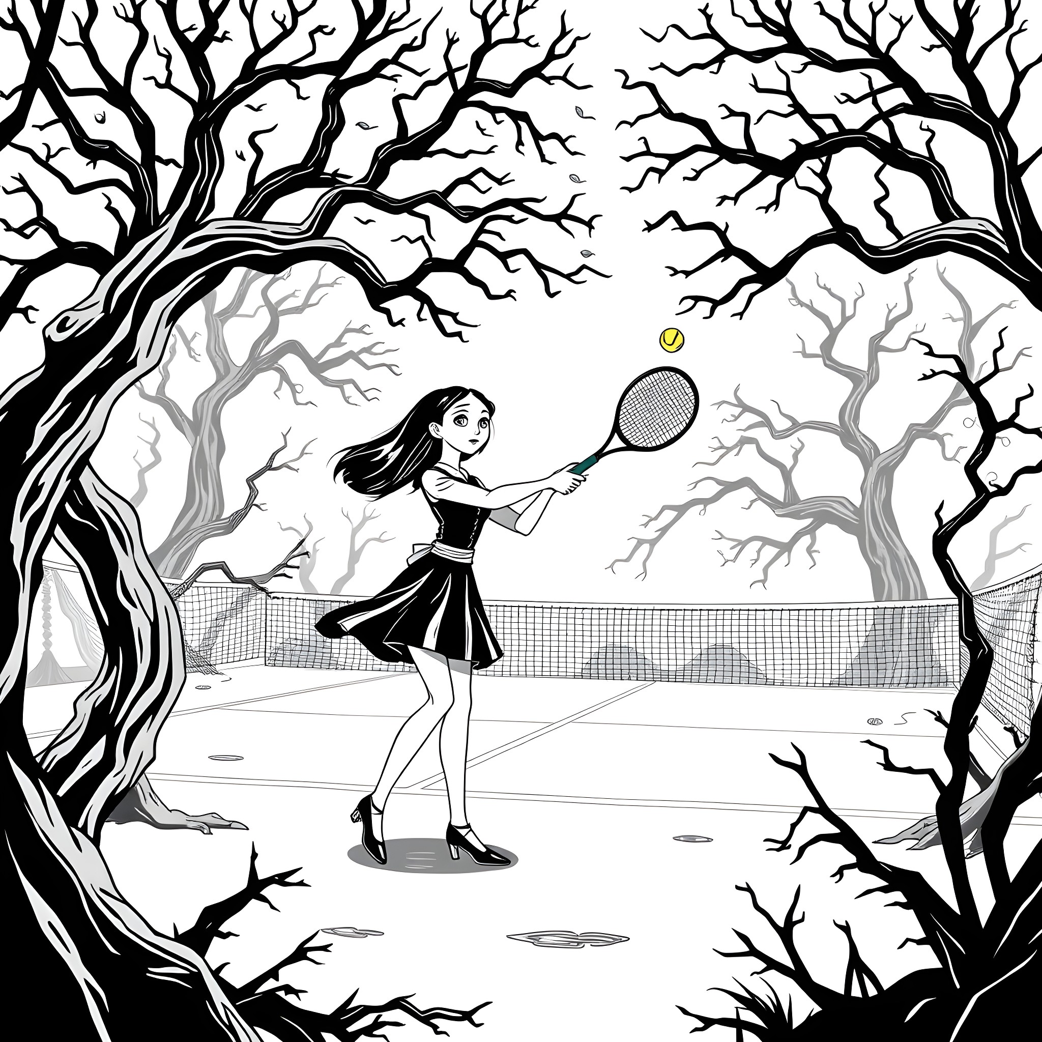 Wednesday Addams playing tennis in a spooky forest Coloring Page (free black-and-white line drawing printable PDF for all, from beginners to advanced learners, including children, teens, adults, and seniors)