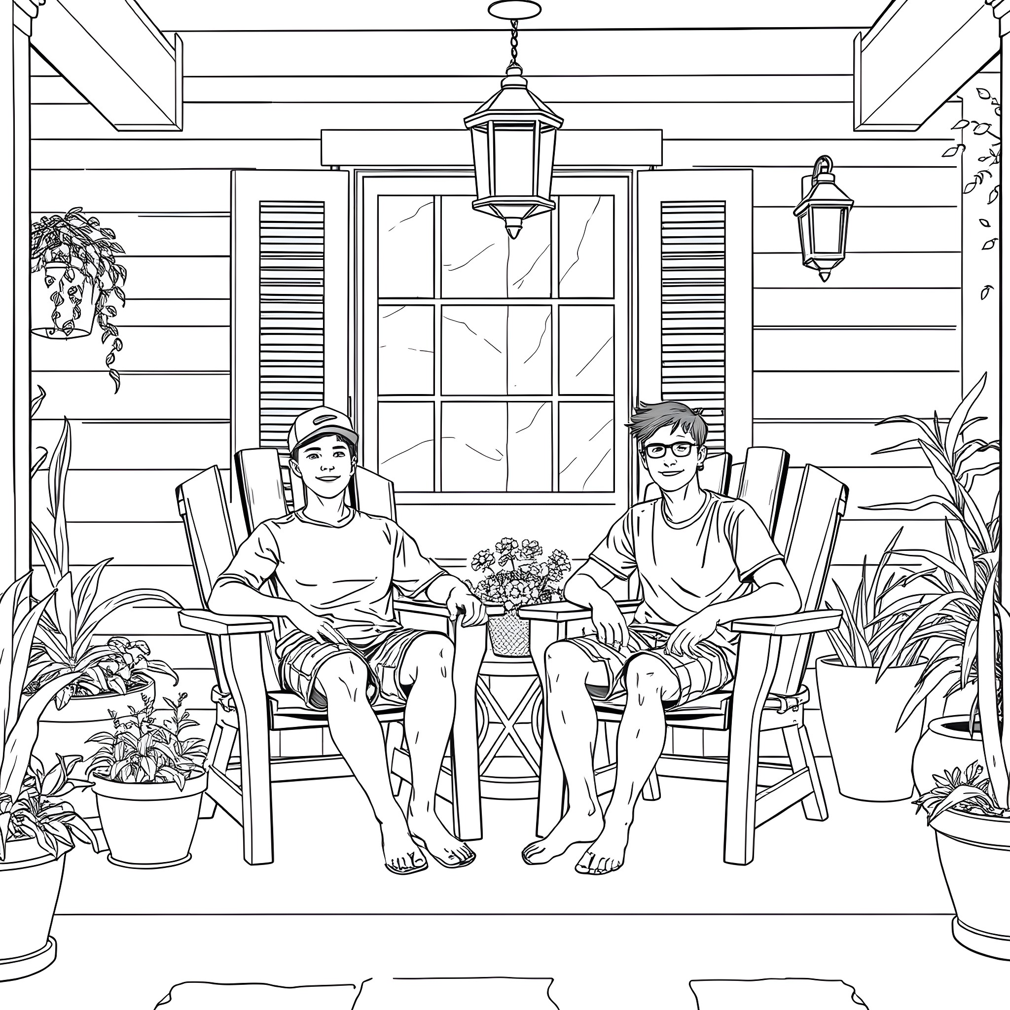 Teen Guys Relaxing on Porch Coloring Page (free black-and-white line drawing printable PDF for all, from beginners to advanced learners, including children, teens, adults, and seniors)
