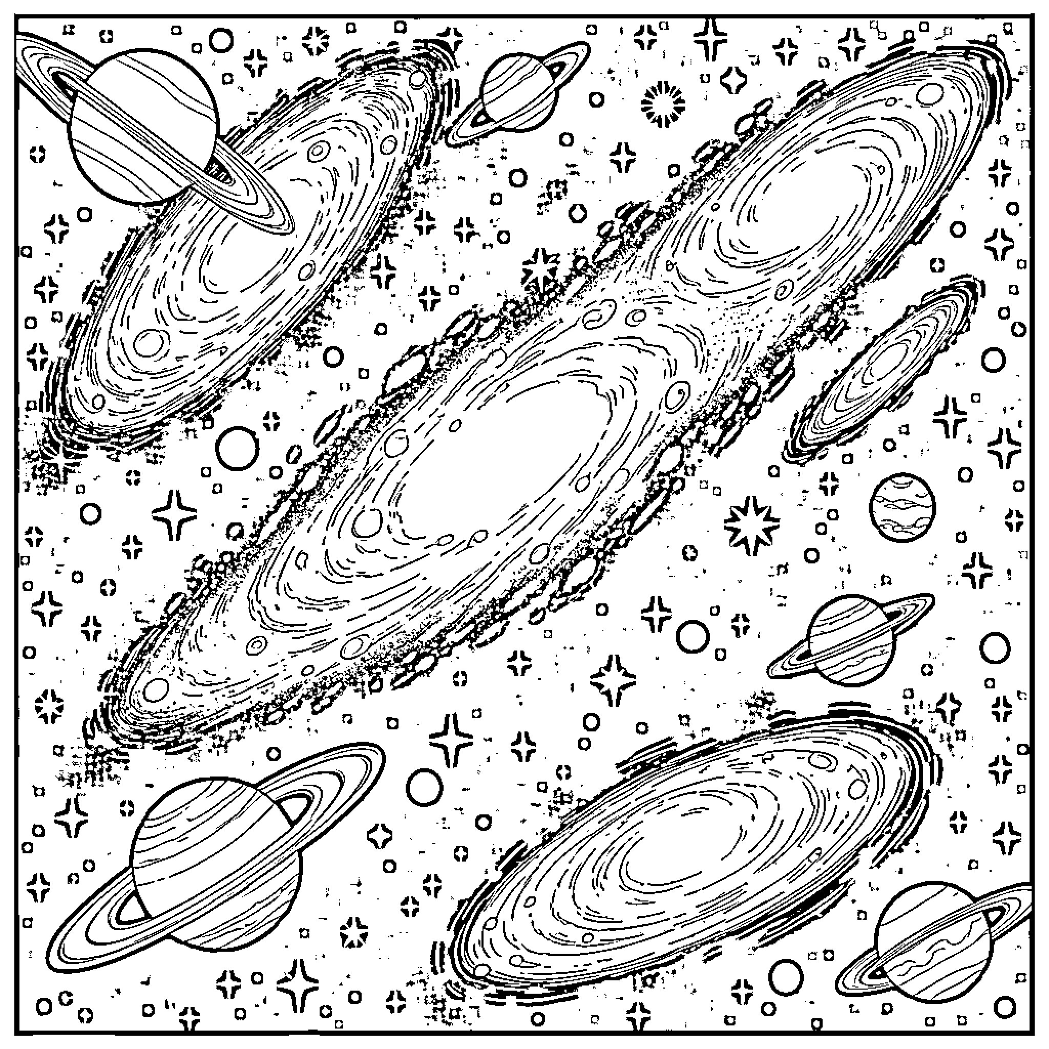 Universe filled with swirling galaxies and orbiting planets Coloring Page (free black-and-white line drawing printable PDF for all, from beginners to advanced learners, including children, teens, adults, and seniors)