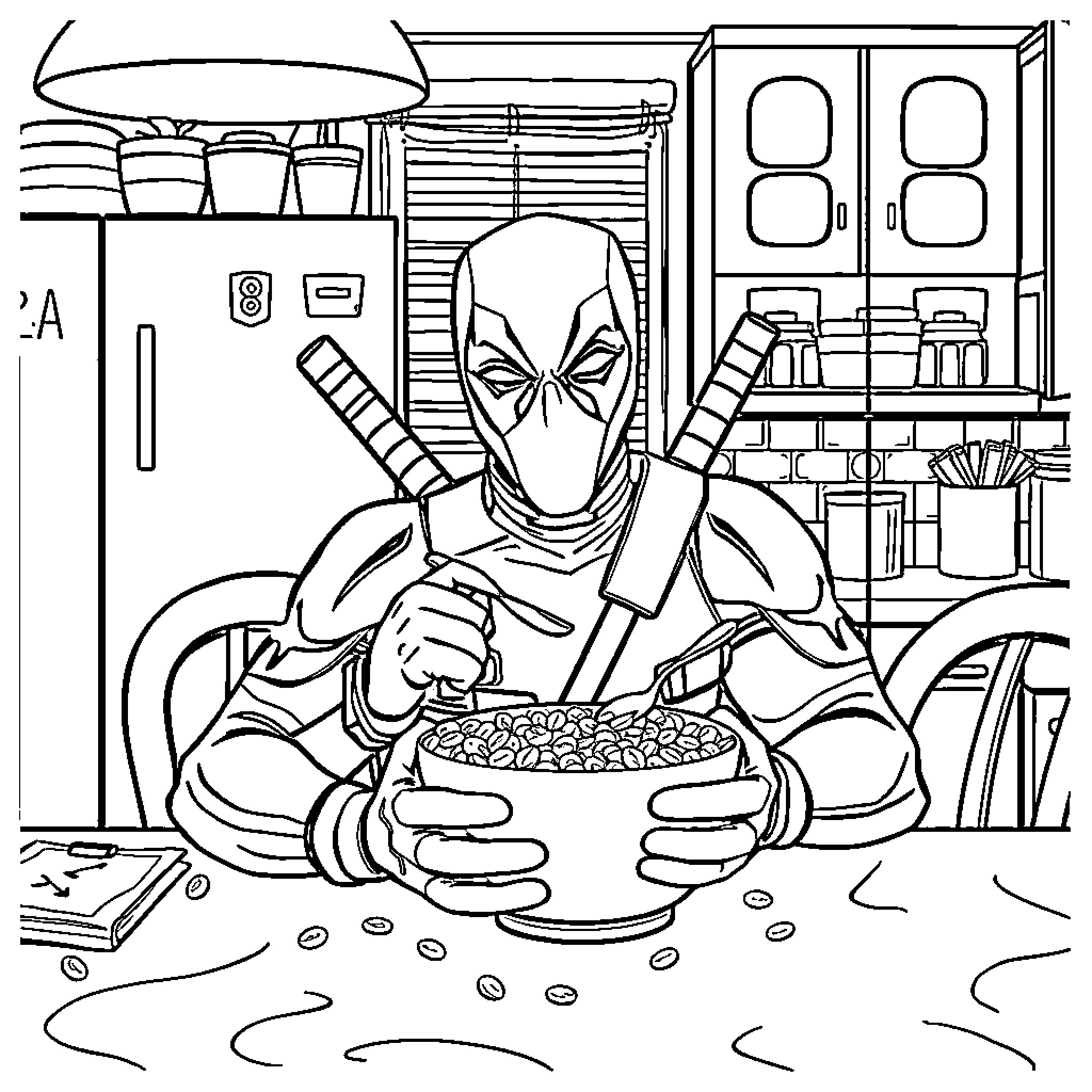 Deadpool snacking in his hideout Coloring Page (free black-and-white line drawing printable PDF for all, from beginners to advanced learners, including children, teens, adults, and seniors)