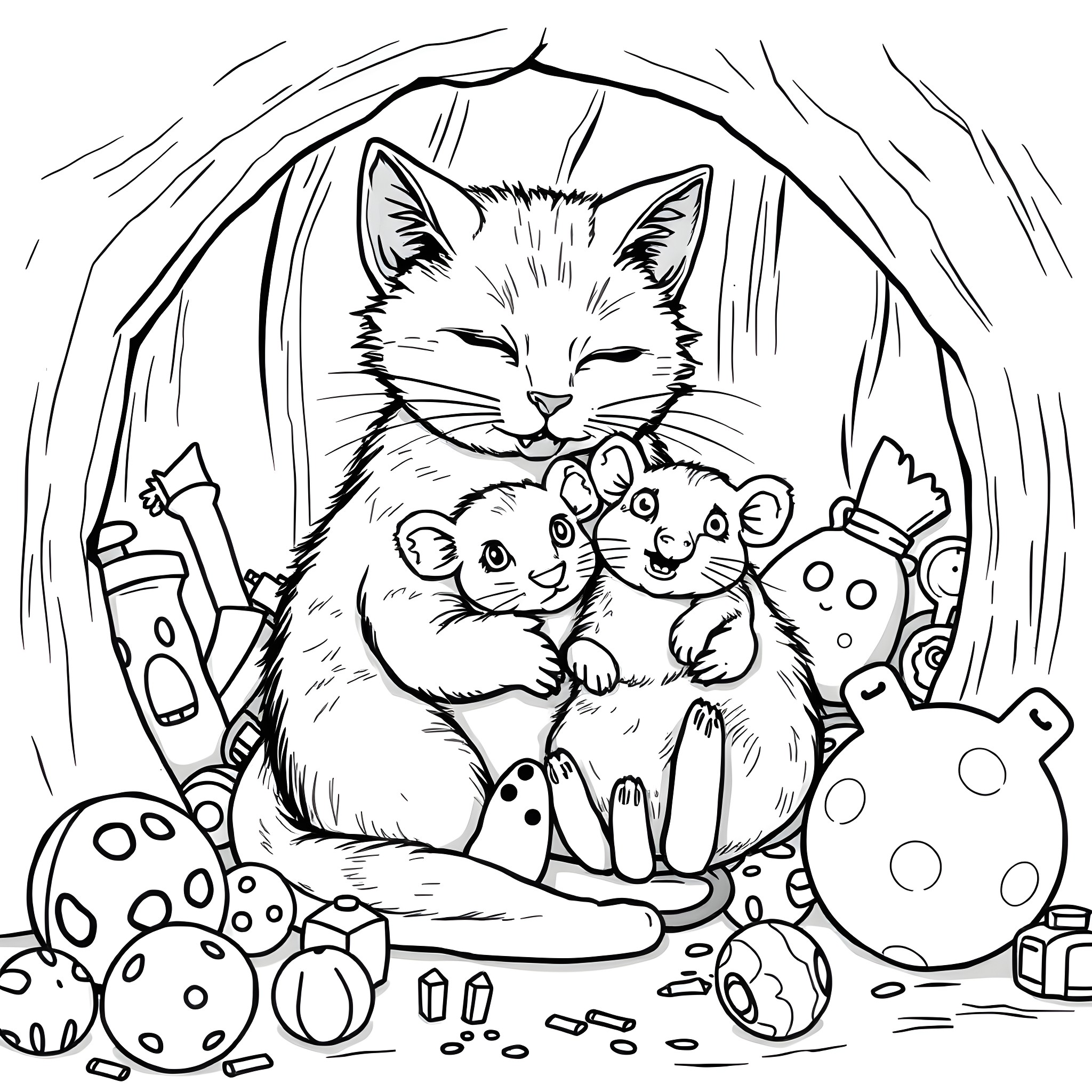 Cat and her kittens in a cozy den Coloring Page (free black-and-white line drawing printable PDF for all, from beginners to advanced learners, including children, teens, adults, and seniors)