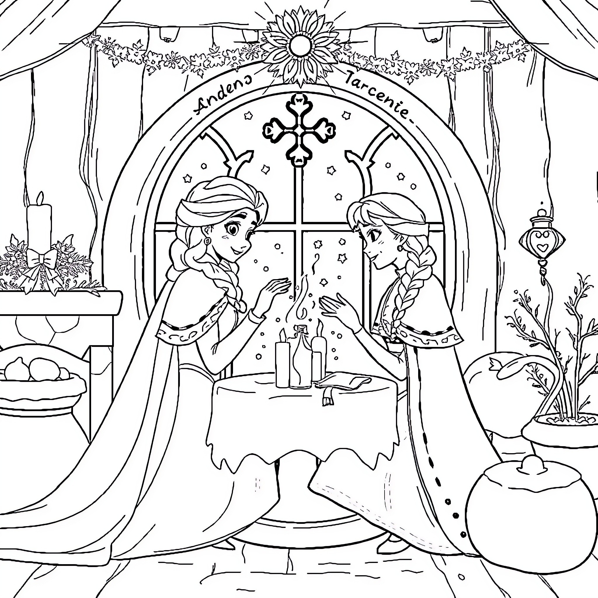 Elsa and Anna in a Winter Wonderland Setting Coloring Page (free black-and-white line drawing printable PDF for all, from beginners to advanced learners, including children, teens, adults, and seniors)