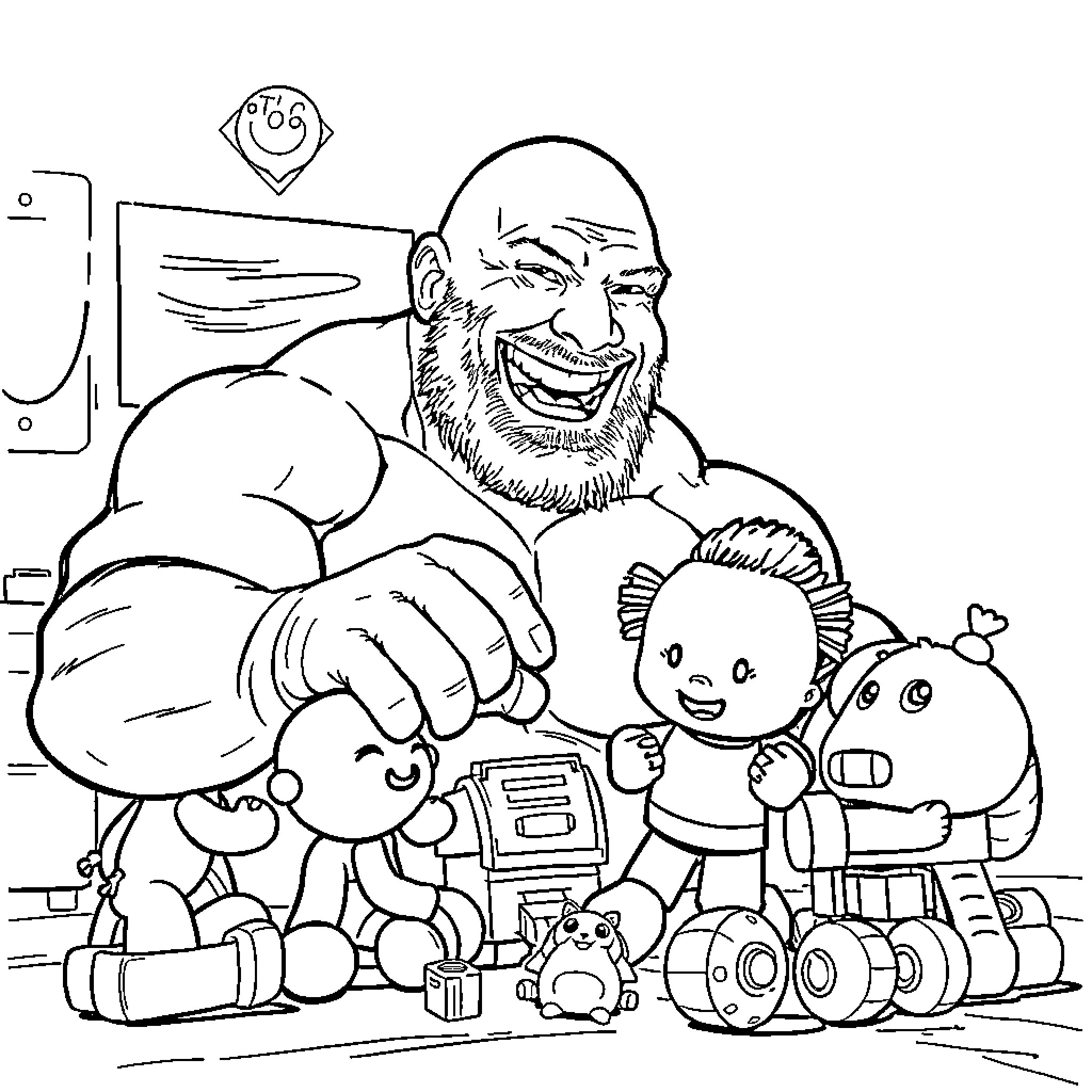 Brock Lesnar playing with toys and children Coloring Page (free black-and-white line drawing printable PDF for all, from beginners to advanced learners, including children, teens, adults, and seniors)
