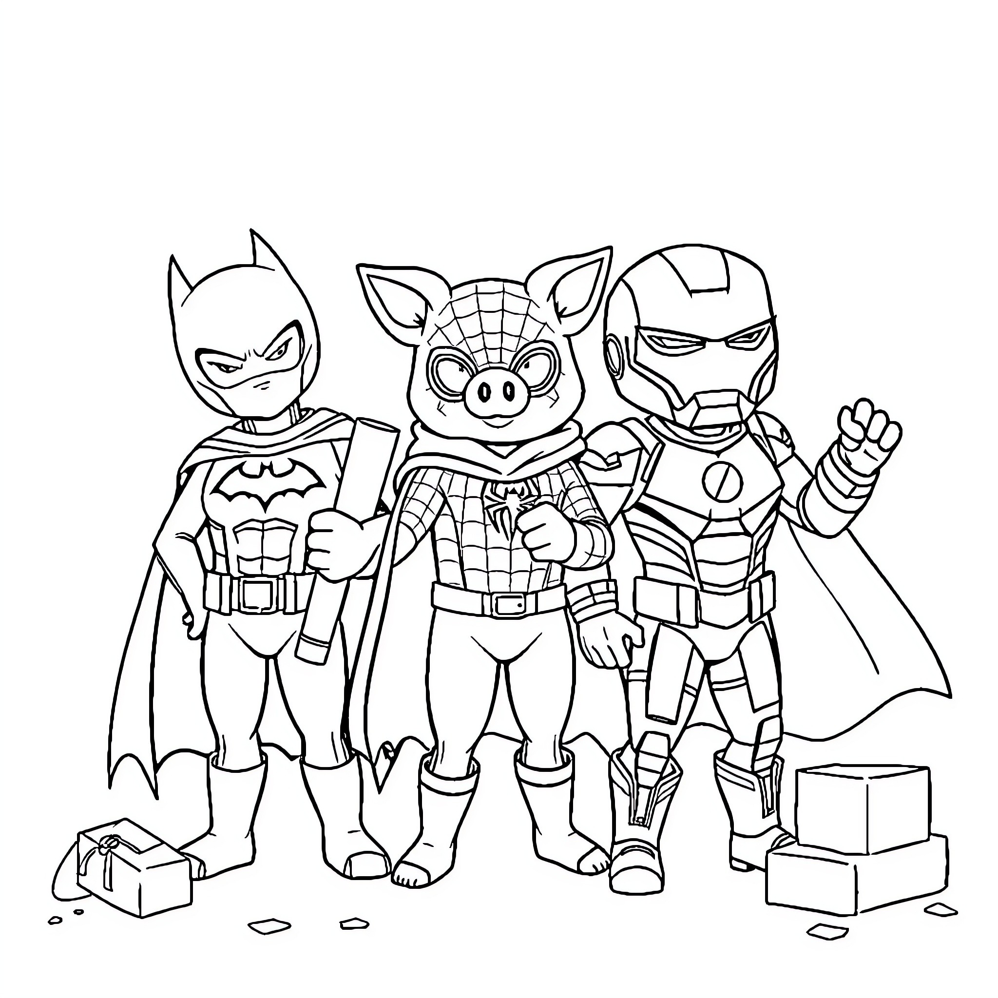 Pig Superheroes Posing with Playful Expressions Coloring Page (free black-and-white line drawing printable PDF for all, from beginners to advanced learners, including children, teens, adults, and seniors)