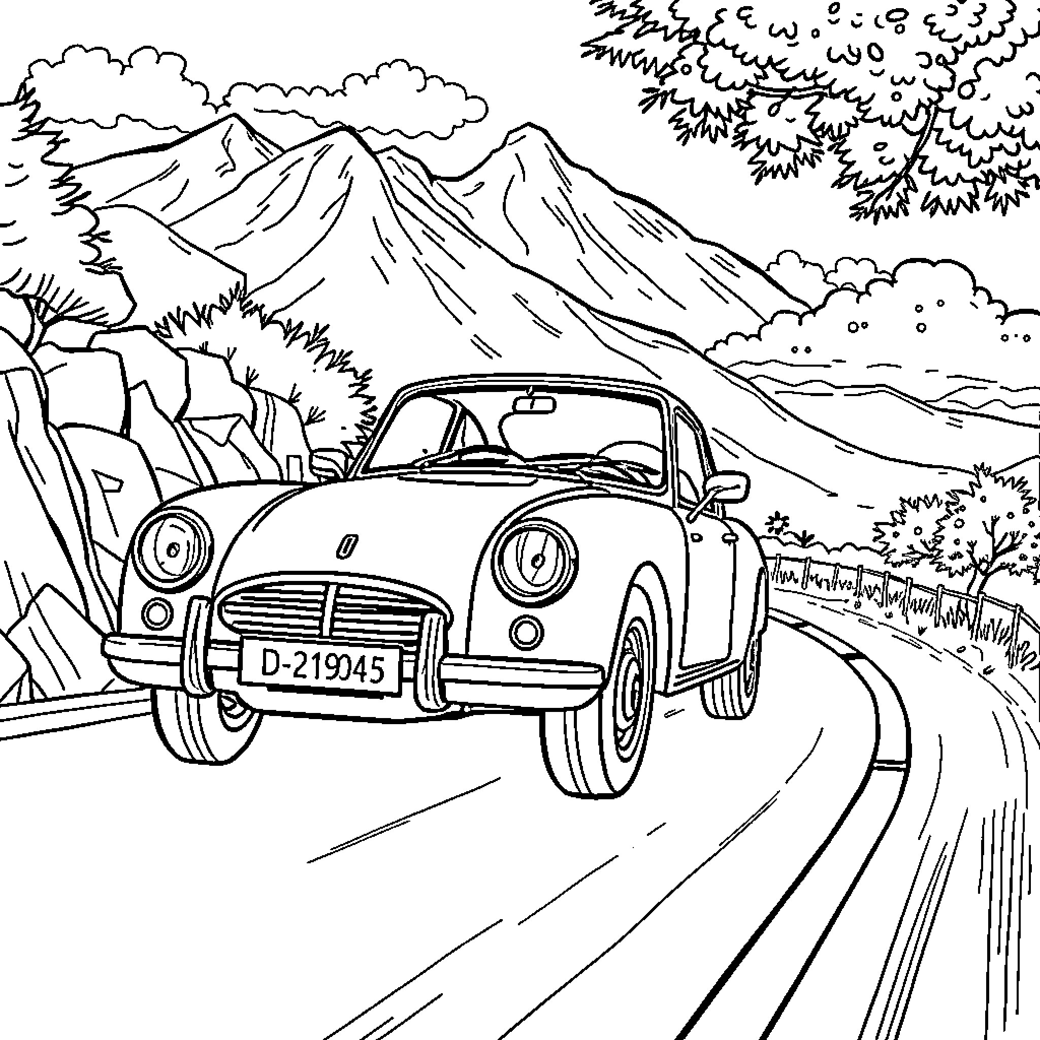 Car cruising through scenic mountain landscape Coloring Page (free black-and-white line drawing printable PDF for all, from beginners to advanced learners, including children, teens, adults, and seniors)
