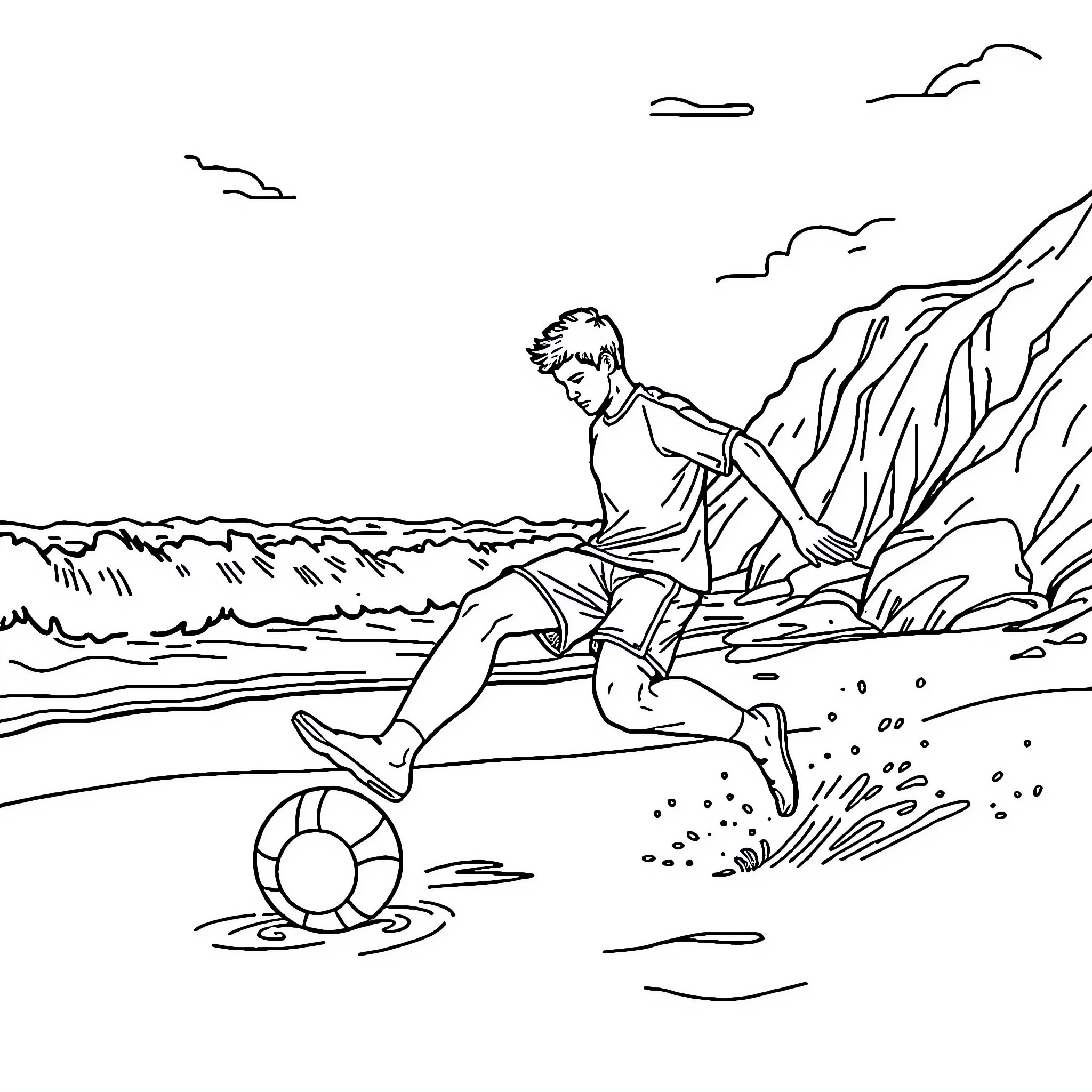 Soccer Player Running Excitedly on the Beach Coloring Page (free black-and-white line drawing printable PDF for all, from beginners to advanced learners, including children, teens, adults, and seniors)