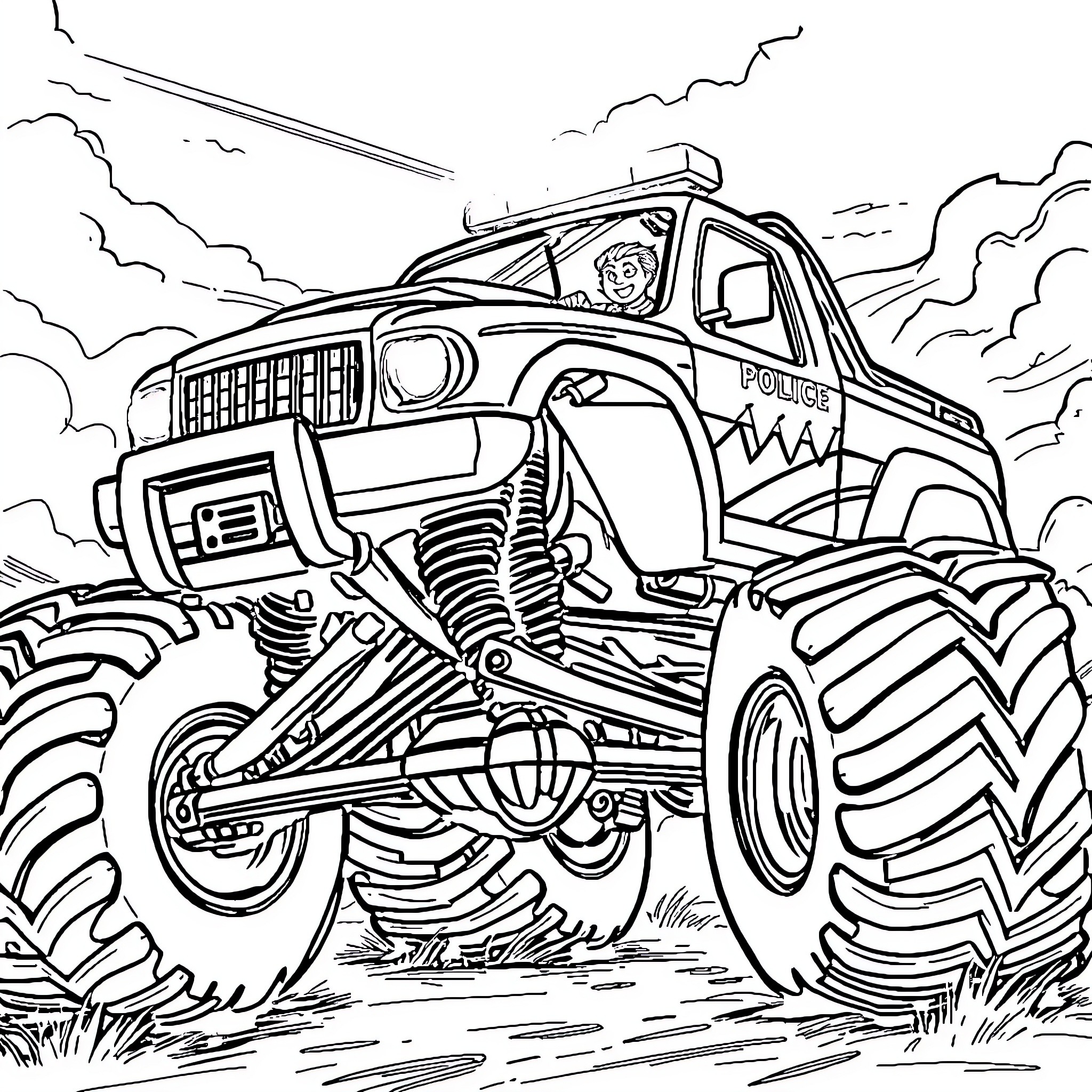 Skeleton Policeman in Monstrous Police Vehicle Coloring Page (free black-and-white line drawing printable PDF for all, from beginners to advanced learners, including children, teens, adults, and seniors)