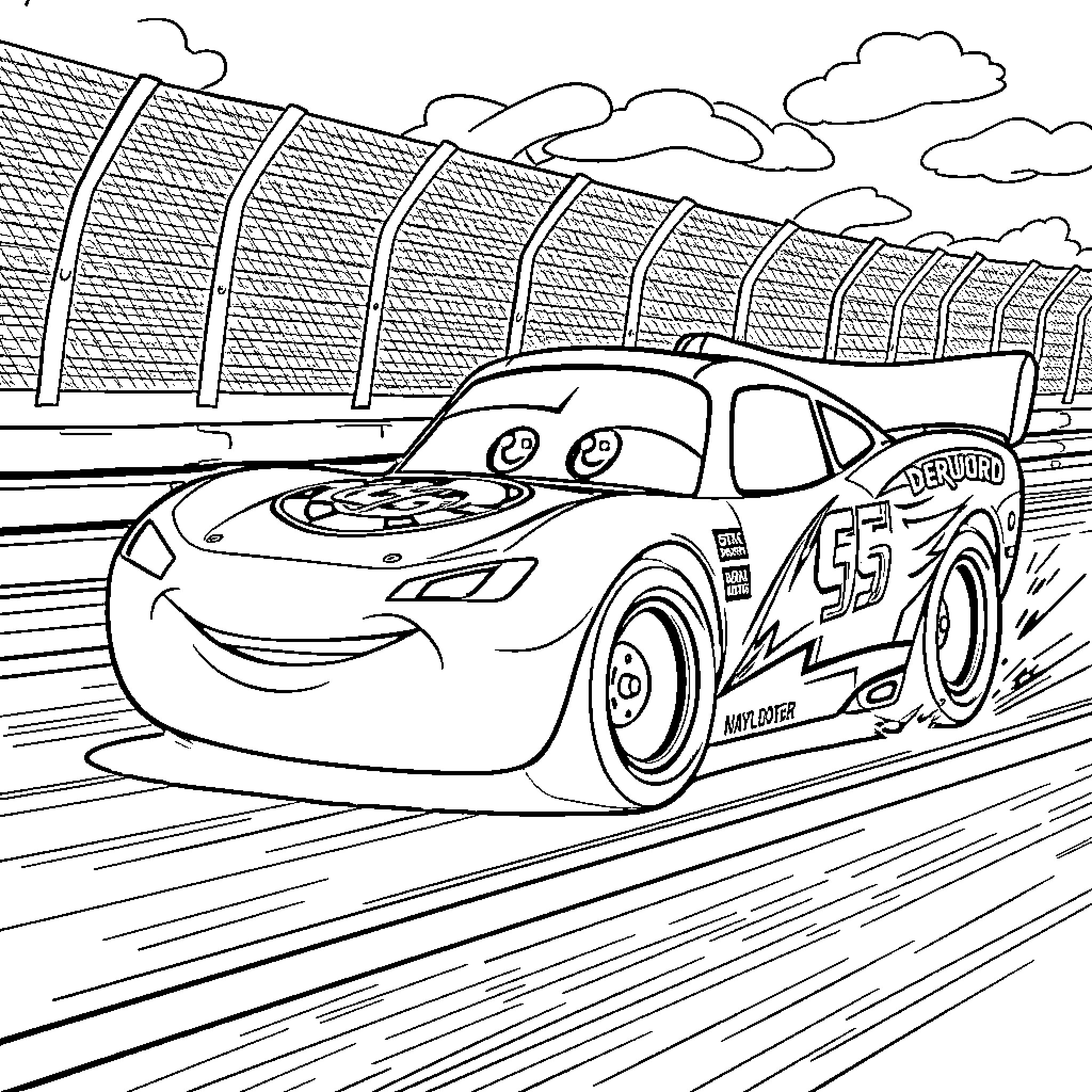 Lightning McQueen racing on the track Coloring Page (free black-and-white line drawing printable PDF for all, from beginners to advanced learners, including children, teens, adults, and seniors)