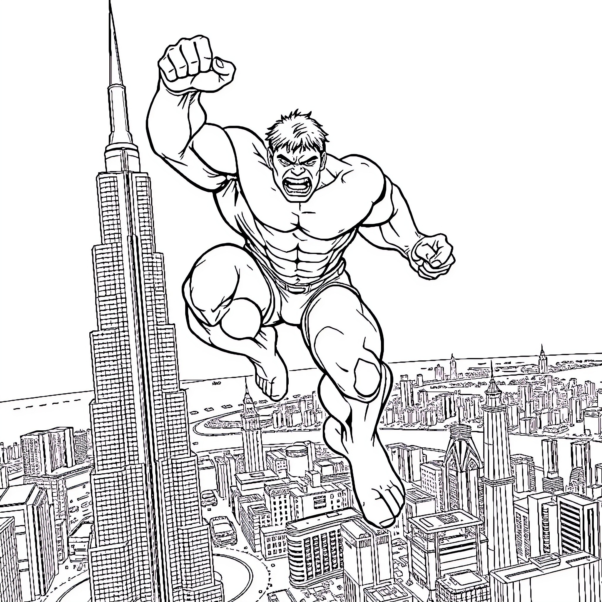 Hulk Smashing Through City Skyline Coloring Page (free black-and-white line drawing printable PDF for all, from beginners to advanced learners, including children, teens, adults, and seniors)