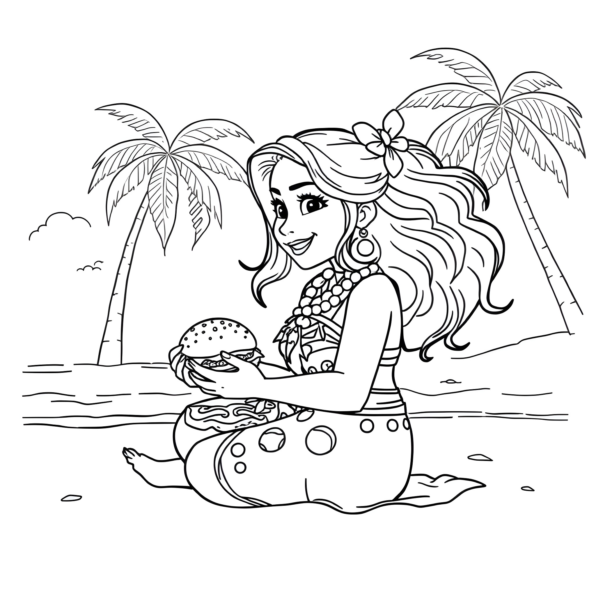 Moana enjoying a tropical beach day Coloring Page (free black-and-white line drawing printable PDF for all, from beginners to advanced learners, including children, teens, adults, and seniors)