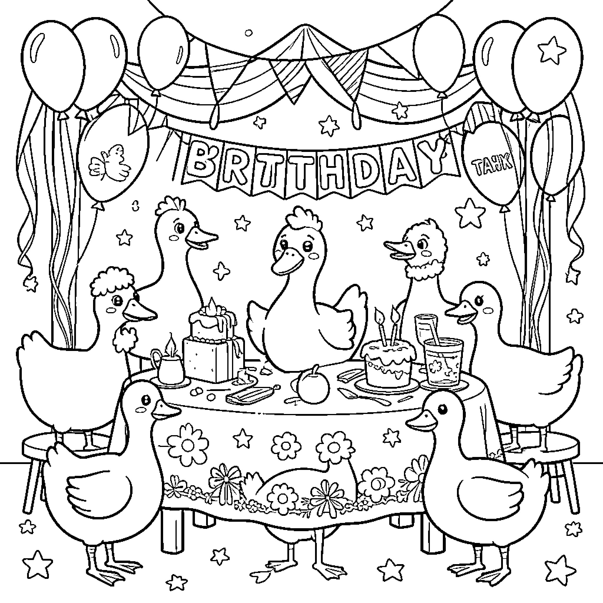 Goose birthday party with decorations and treats Coloring Page (free black-and-white line drawing printable PDF for all, from beginners to advanced learners, including children, teens, adults, and seniors)