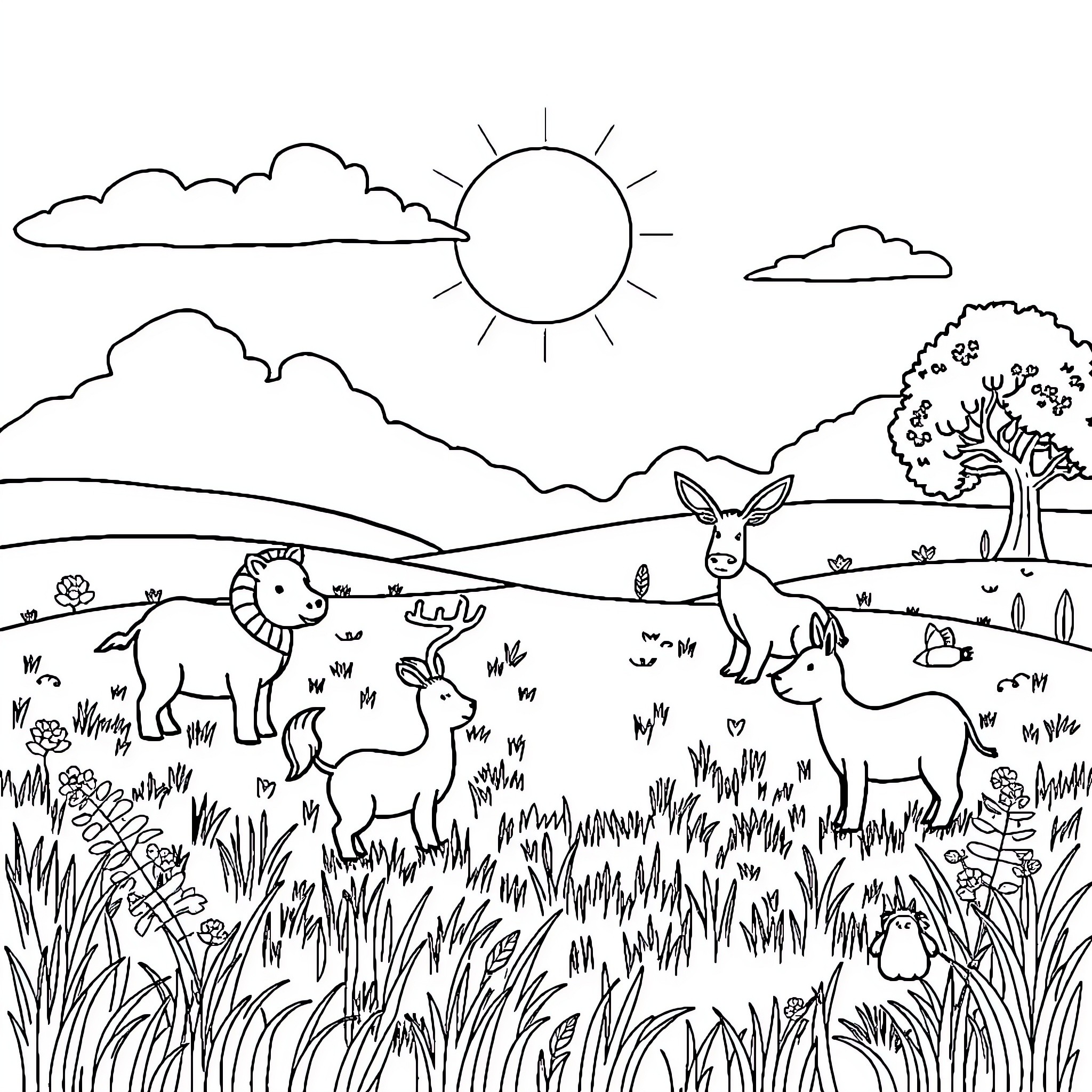 Animal Outdoor Scene with Deer Family Coloring Page (free black-and-white line drawing printable PDF for all, from beginners to advanced learners, including children, teens, adults, and seniors)