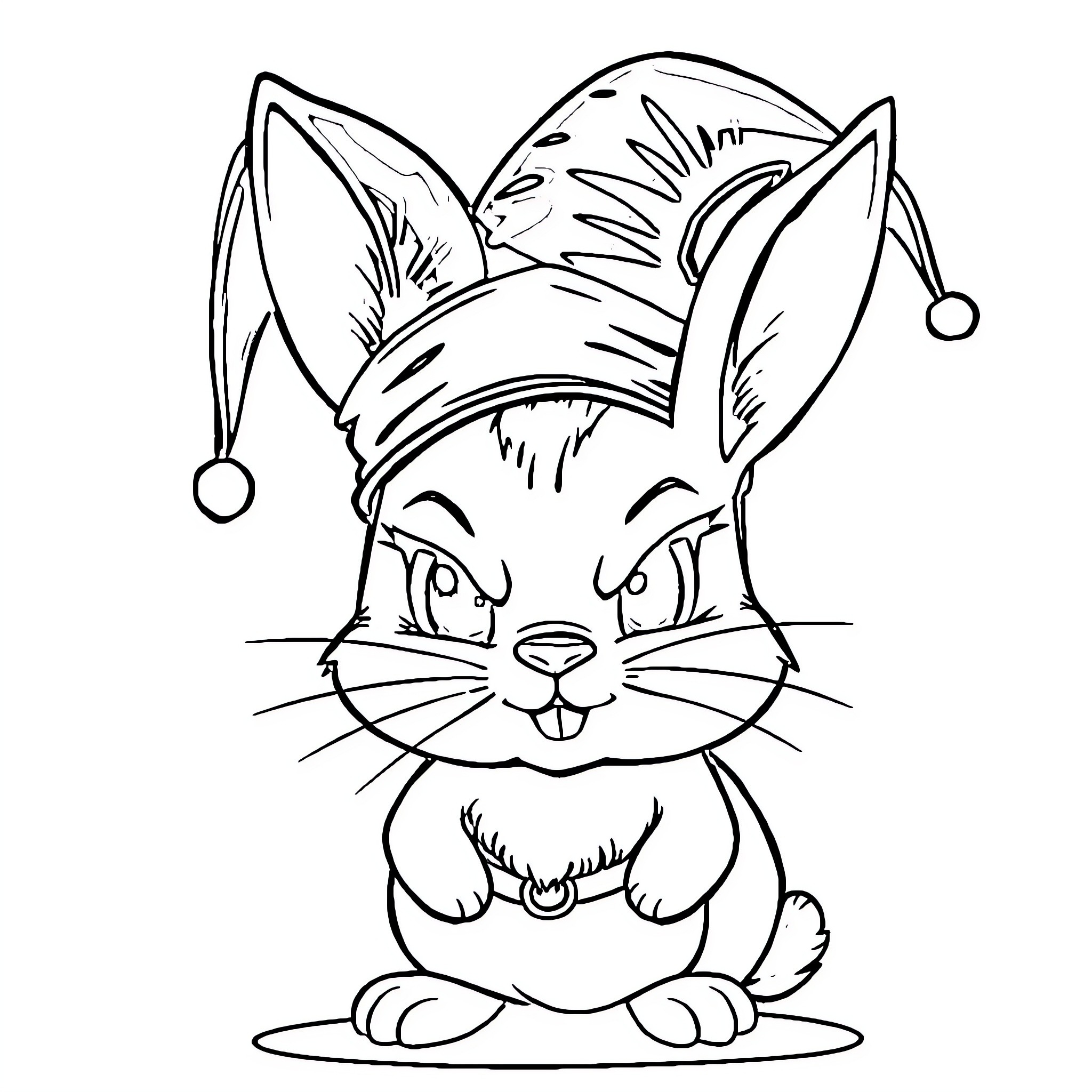 Kuromi in Jester Costume Playfully Posing Coloring Page (free black-and-white line drawing printable PDF for all, from beginners to advanced learners, including children, teens, adults, and seniors)