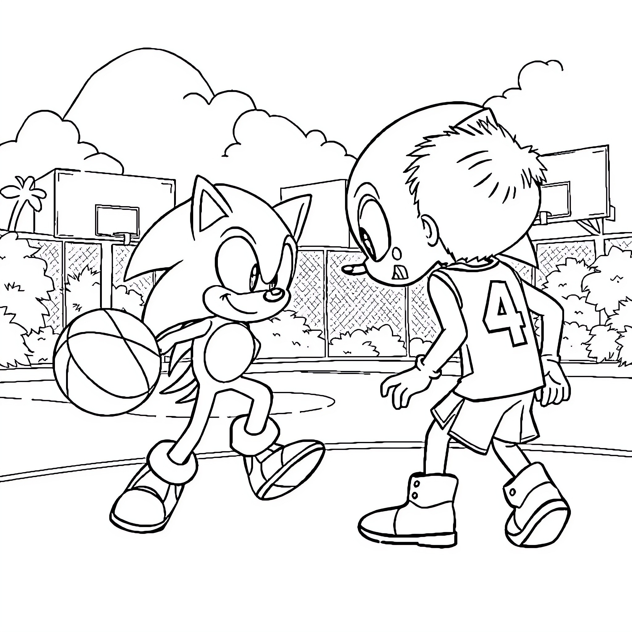 Sonic and human boy playing in the park Coloring Page (free black-and-white line drawing printable PDF for all, from beginners to advanced learners, including children, teens, adults, and seniors)