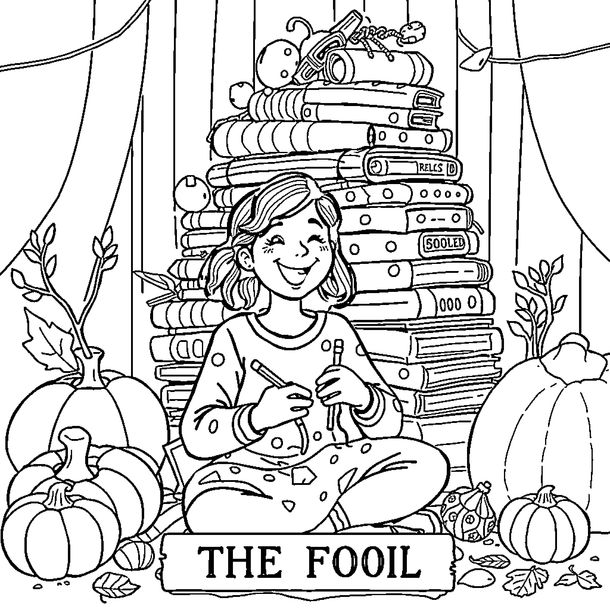 Fool Reading Books Surrounded by Pumpkins and Curtains Coloring Page (free black-and-white line drawing printable PDF for all, from beginners to advanced learners, including children, teens, adults, and seniors)