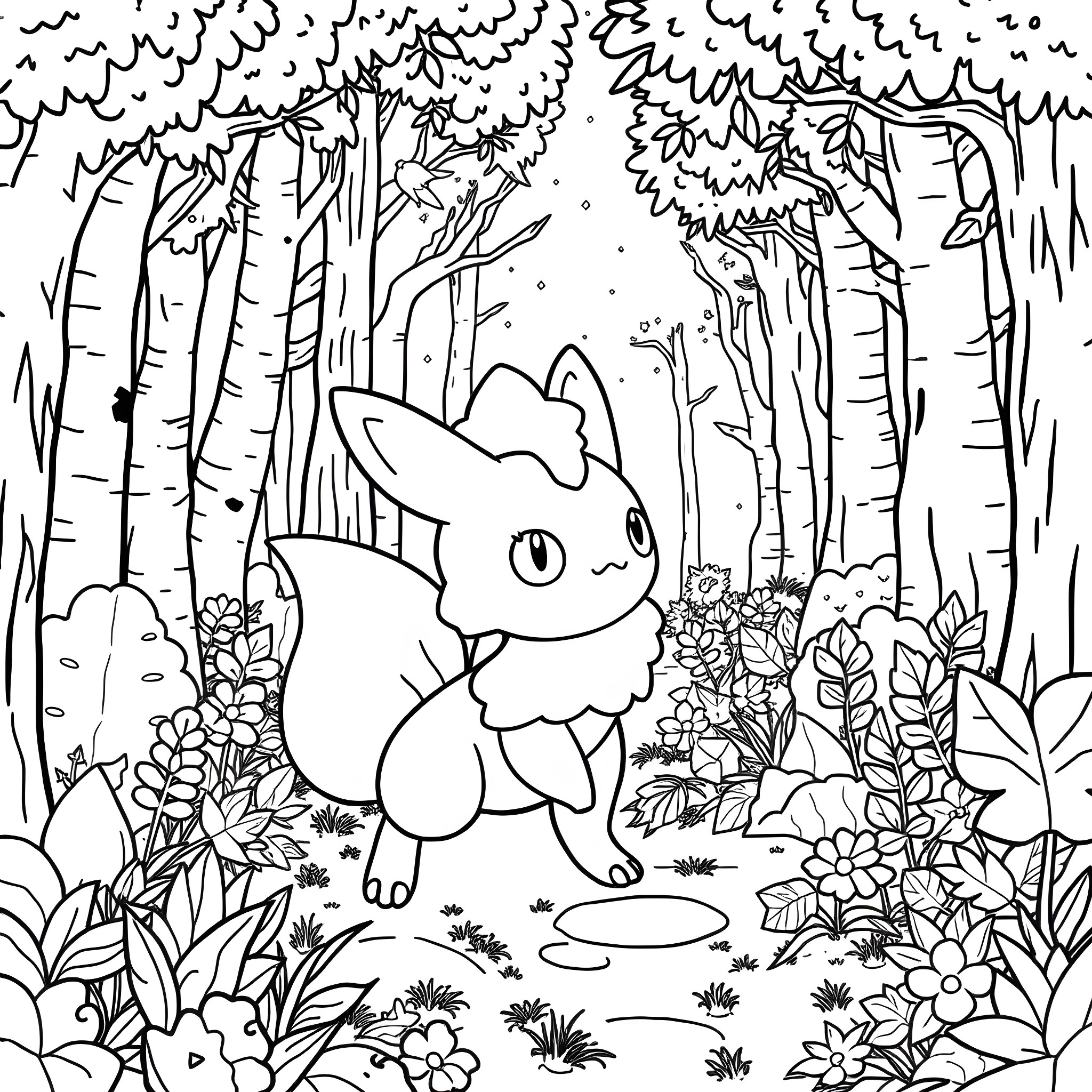 Hypno Critter Frolicking in Enchanted Forest Coloring Page (free black-and-white line drawing printable PDF for all, from beginners to advanced learners, including children, teens, adults, and seniors)