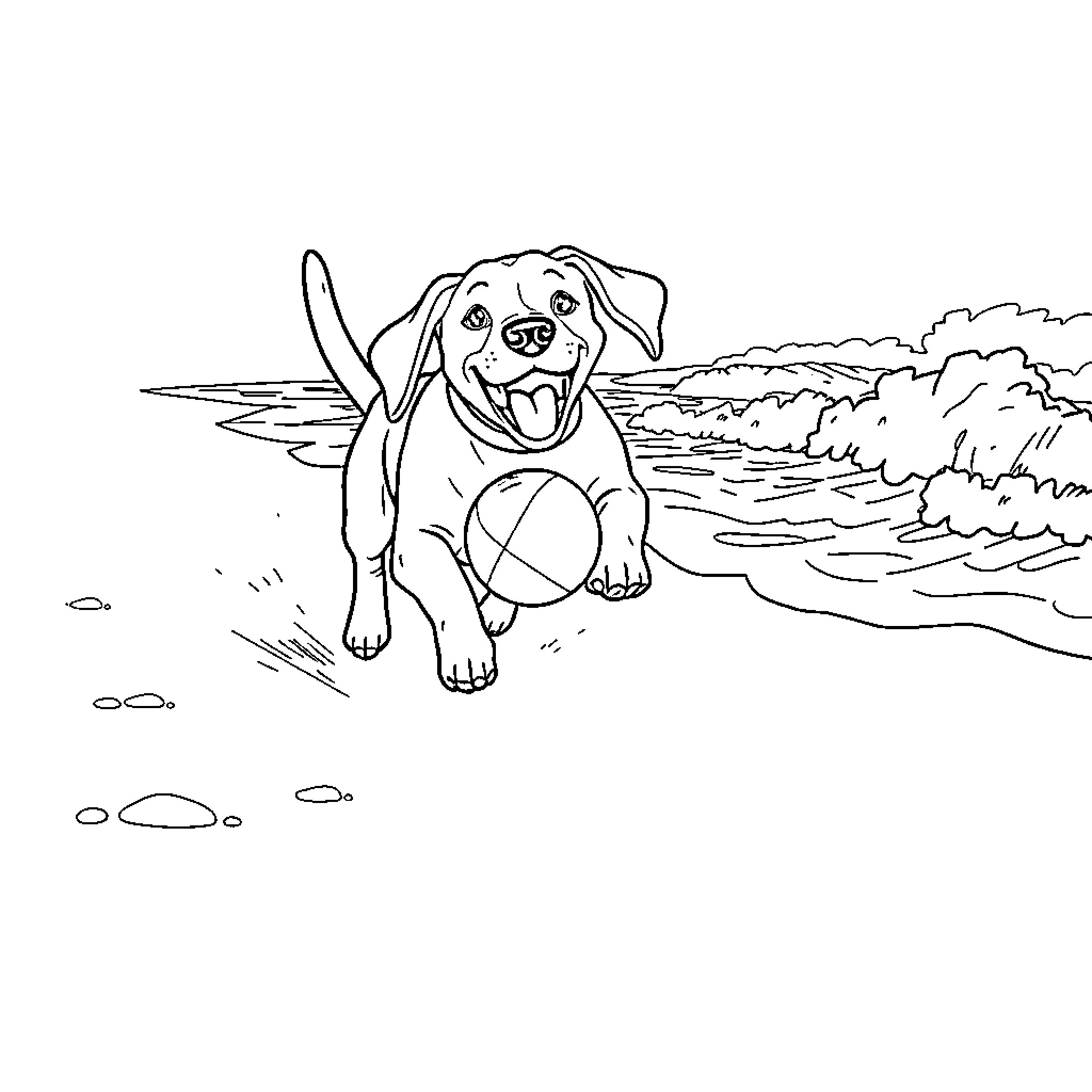 Beagle playing joyfully on the beach Coloring Page (free black-and-white line drawing printable PDF for all, from beginners to advanced learners, including children, teens, adults, and seniors)