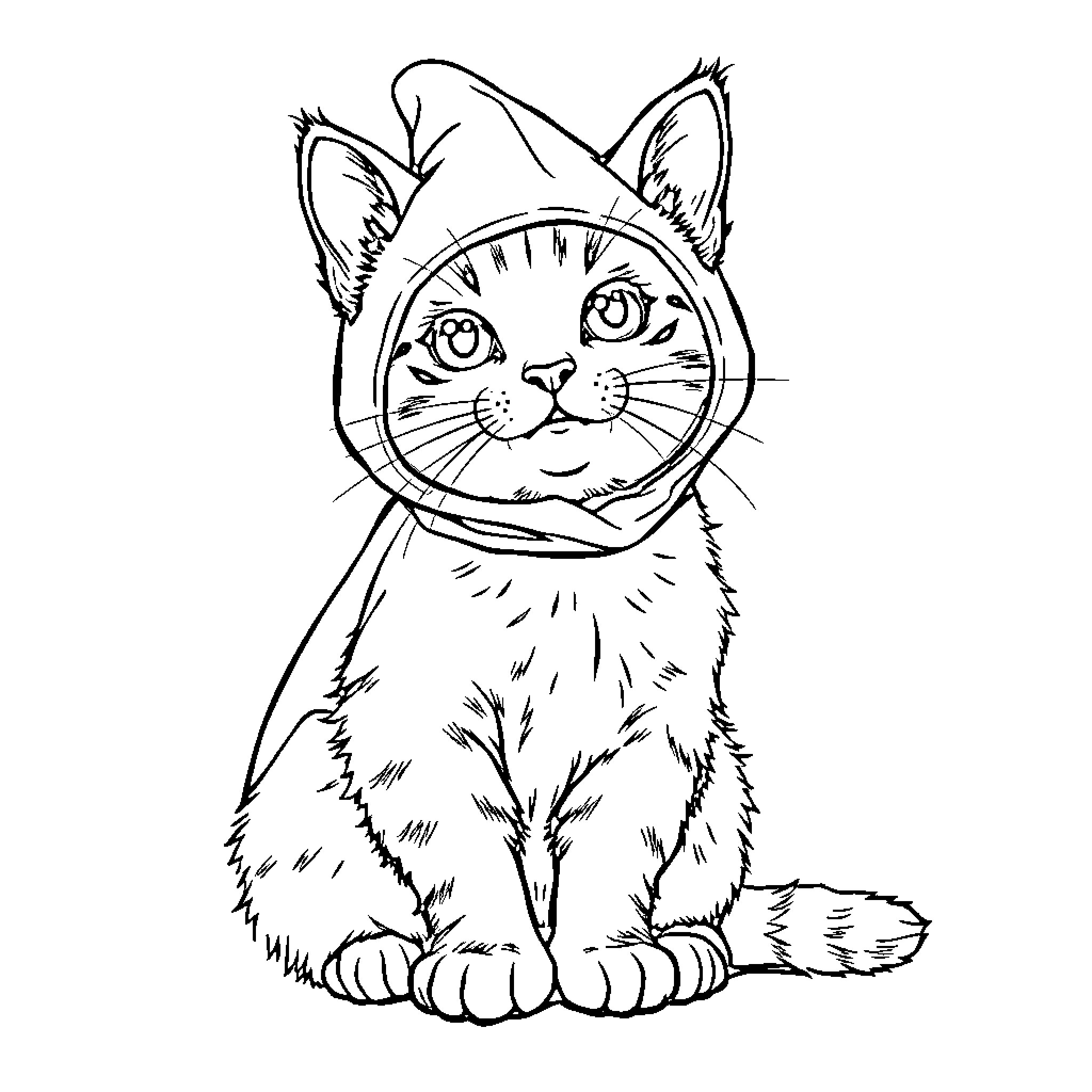 Cat wearing a funny shark hat Coloring Page (free black-and-white line drawing printable PDF for all, from beginners to advanced learners, including children, teens, adults, and seniors)