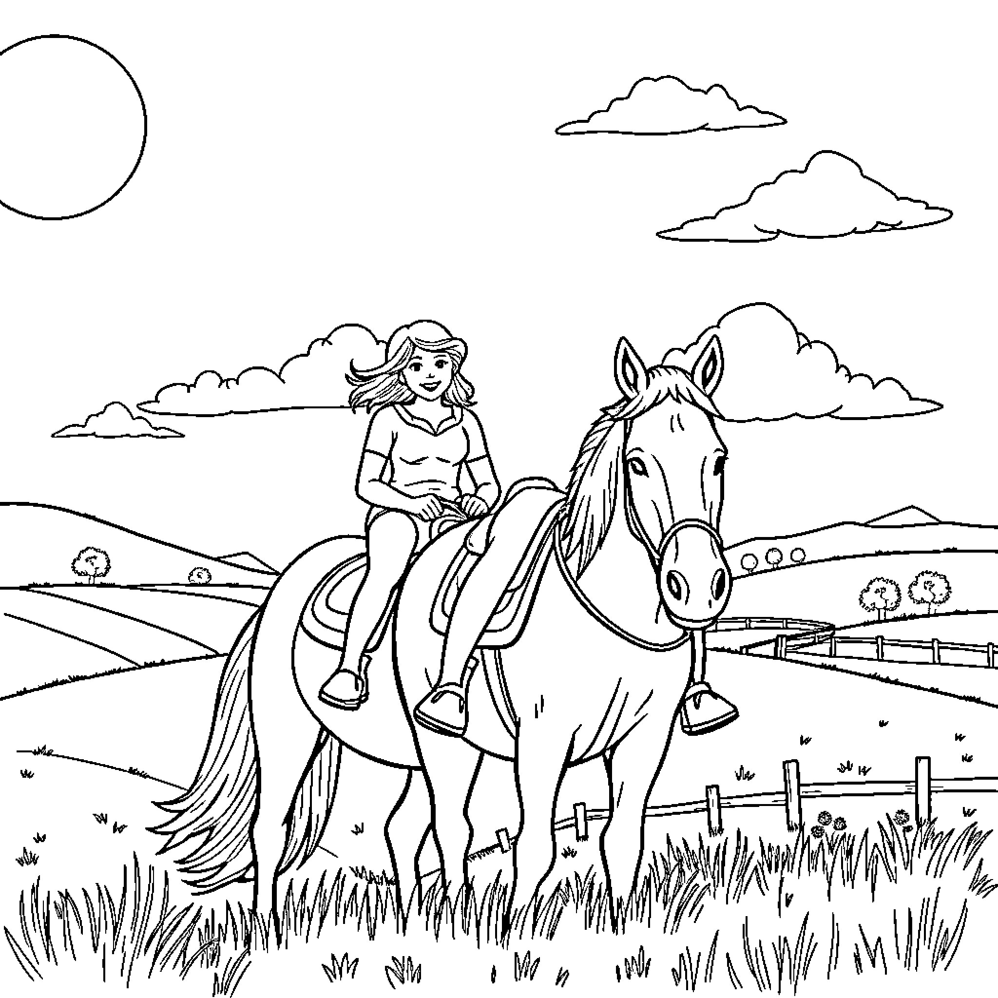 Horse rider exploring the countryside landscape Coloring Page (free black-and-white line drawing printable PDF for all, from beginners to advanced learners, including children, teens, adults, and seniors)