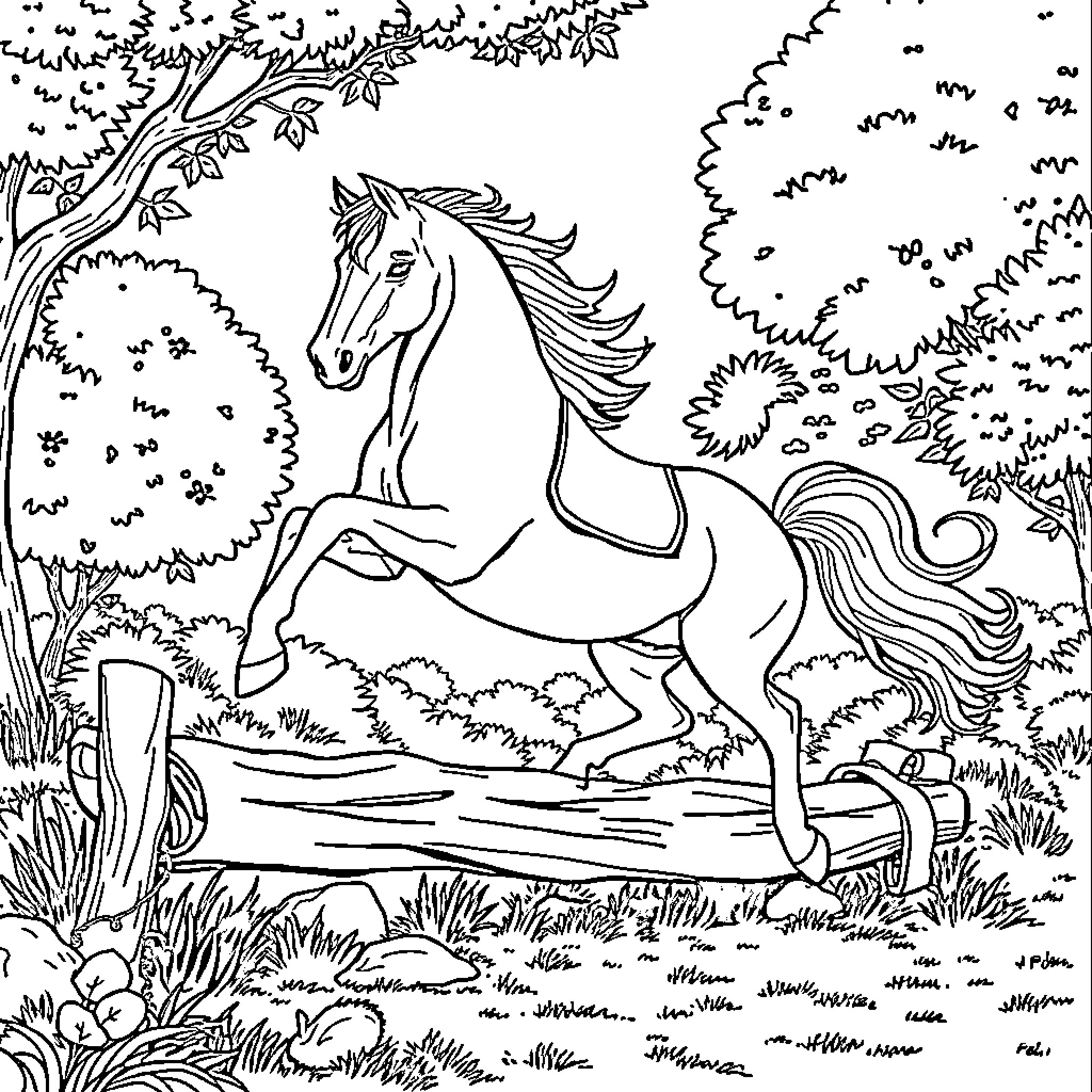 Caballo galloping through the forest Coloring Page (free black-and-white line drawing printable PDF for all, from beginners to advanced learners, including children, teens, adults, and seniors)
