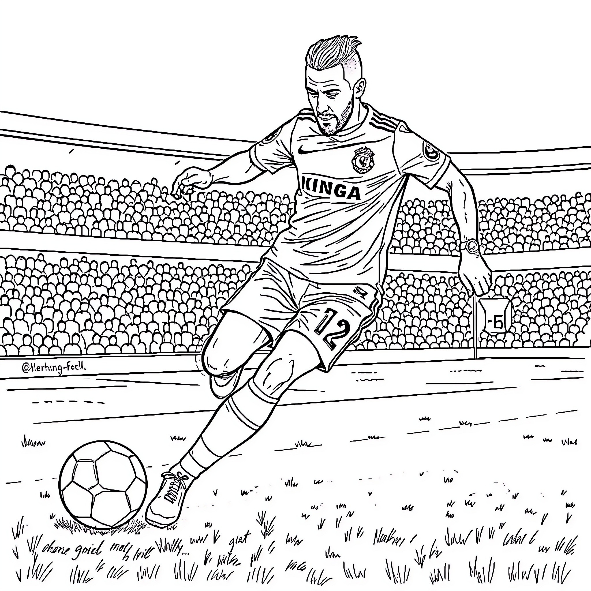 Mahrez performing dribbling skills on the football field Coloring Page (free black-and-white line drawing printable PDF for all, from beginners to advanced learners, including children, teens, adults, and seniors)