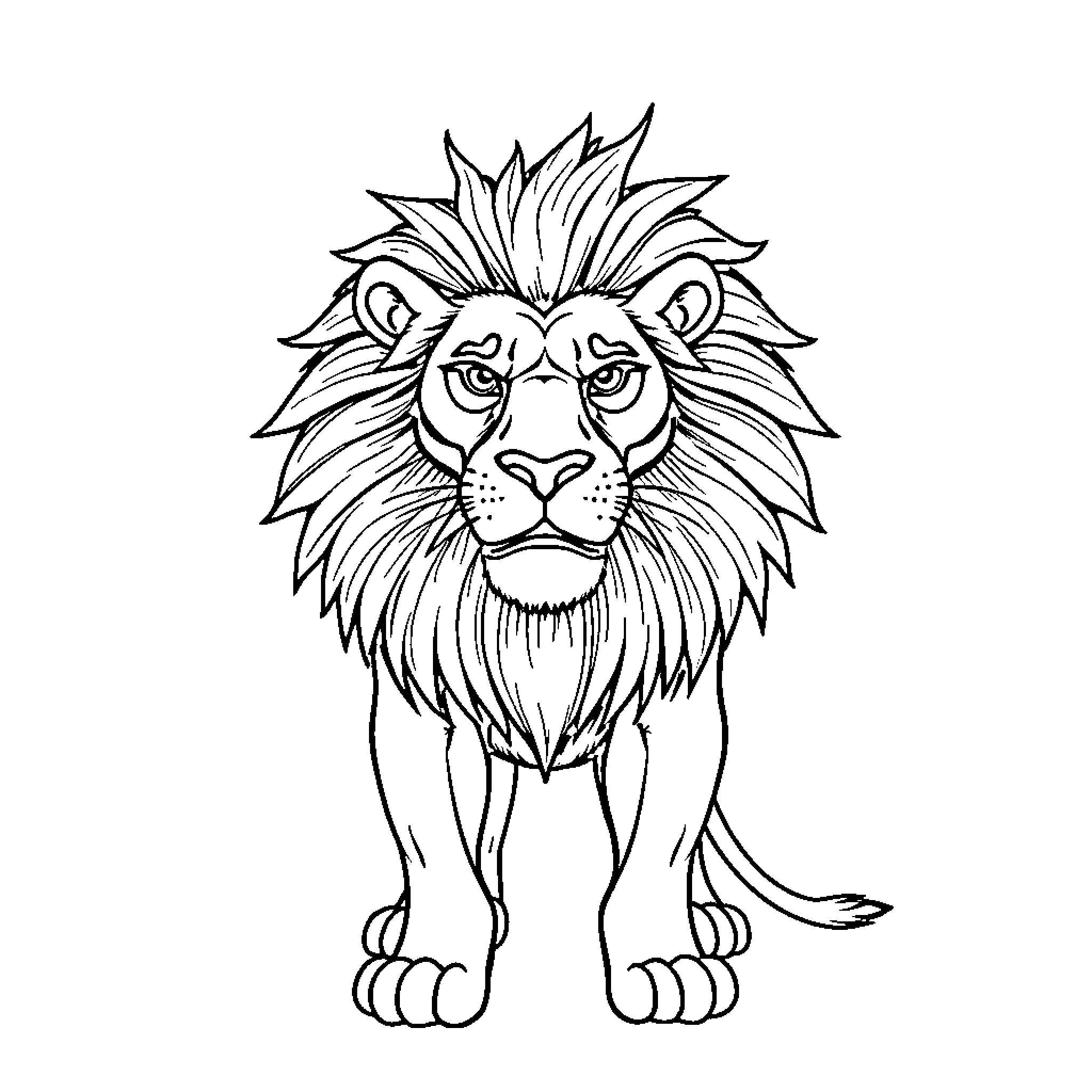 Lion with Fierce Gaze Coloring Page (free black-and-white line drawing printable PDF for all, from beginners to advanced learners, including children, teens, adults, and seniors)