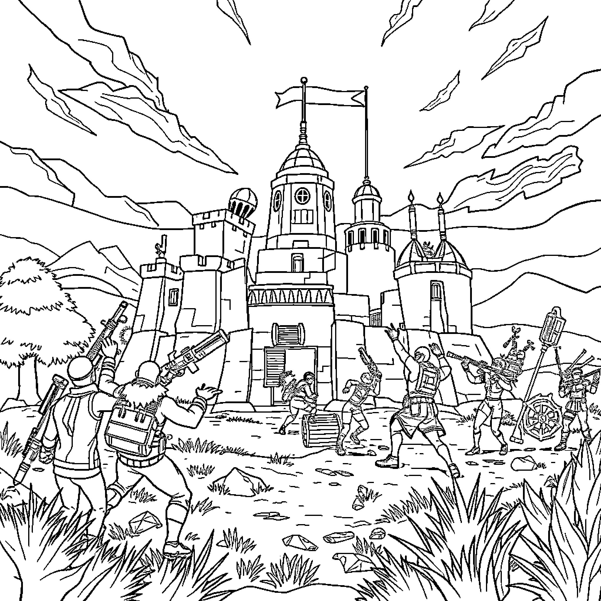 Fortnite characters exploring a fantasy castle Coloring Page (free black-and-white line drawing printable PDF for all, from beginners to advanced learners, including children, teens, adults, and seniors)