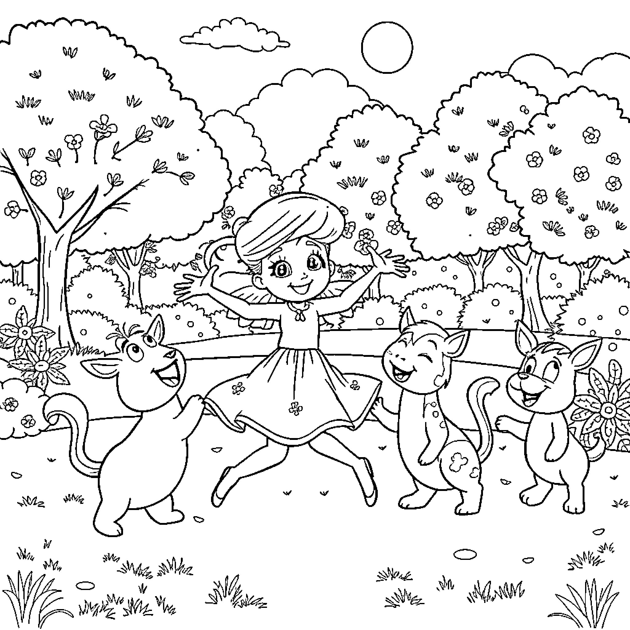 Bluey playing joyfully with animal friends in the park Coloring Page (free black-and-white line drawing printable PDF for all, from beginners to advanced learners, including children, teens, adults, and seniors)