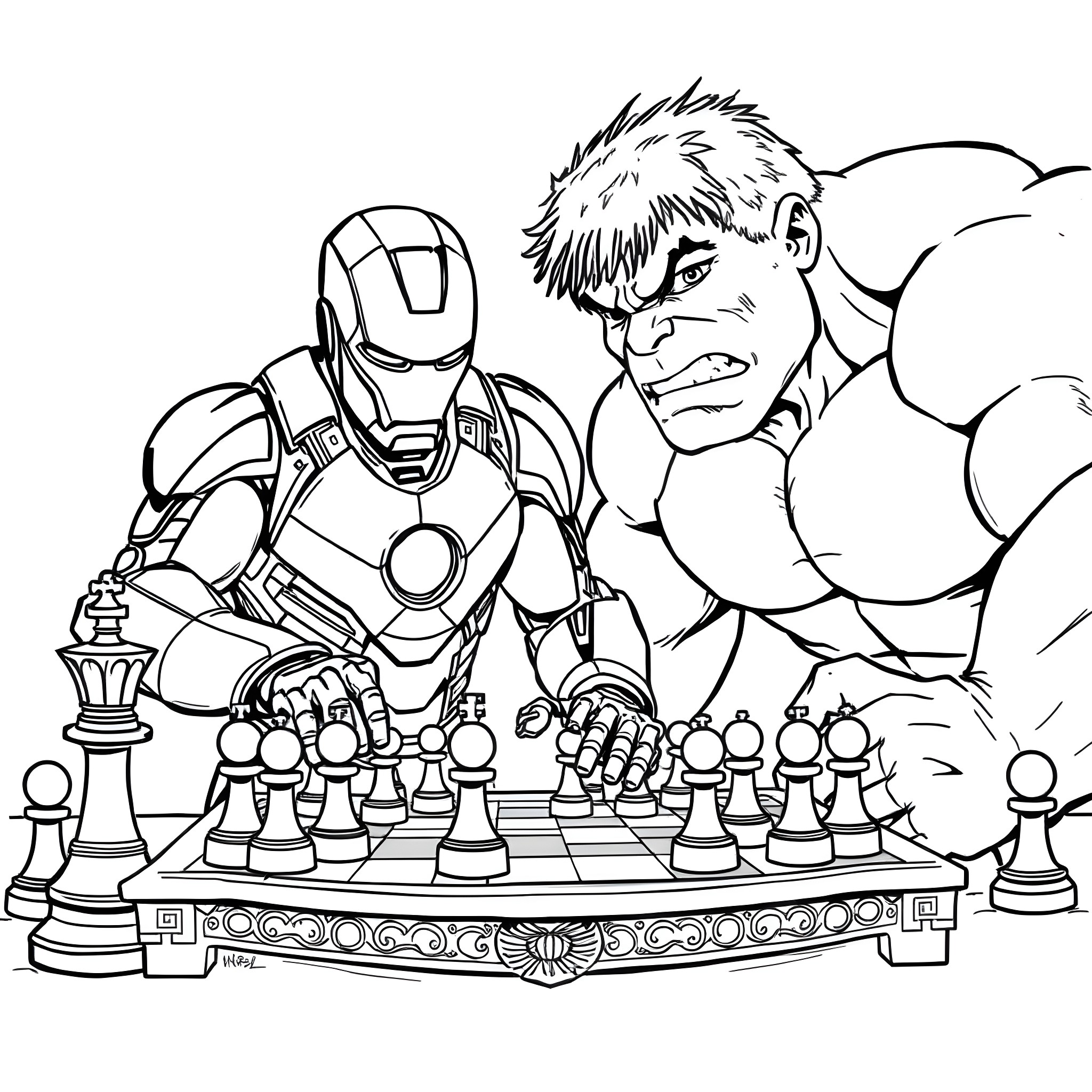 Iron Man playing chess with a muscular figure Coloring Page (free black-and-white line drawing printable PDF for all, from beginners to advanced learners, including children, teens, adults, and seniors)