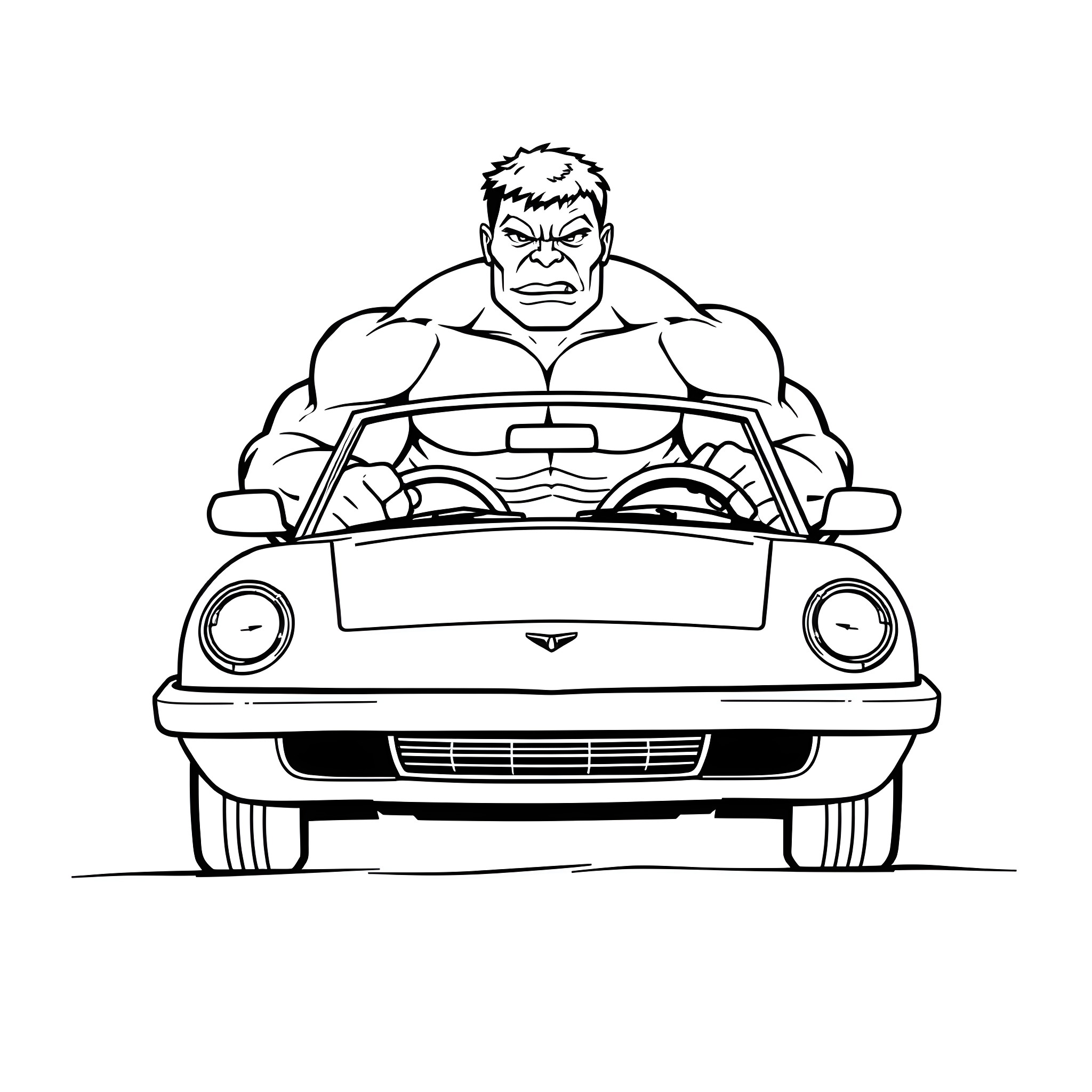 Hulk driving a muscle car with a serious expression Coloring Page (free black-and-white line drawing printable PDF for all, from beginners to advanced learners, including children, teens, adults, and seniors)