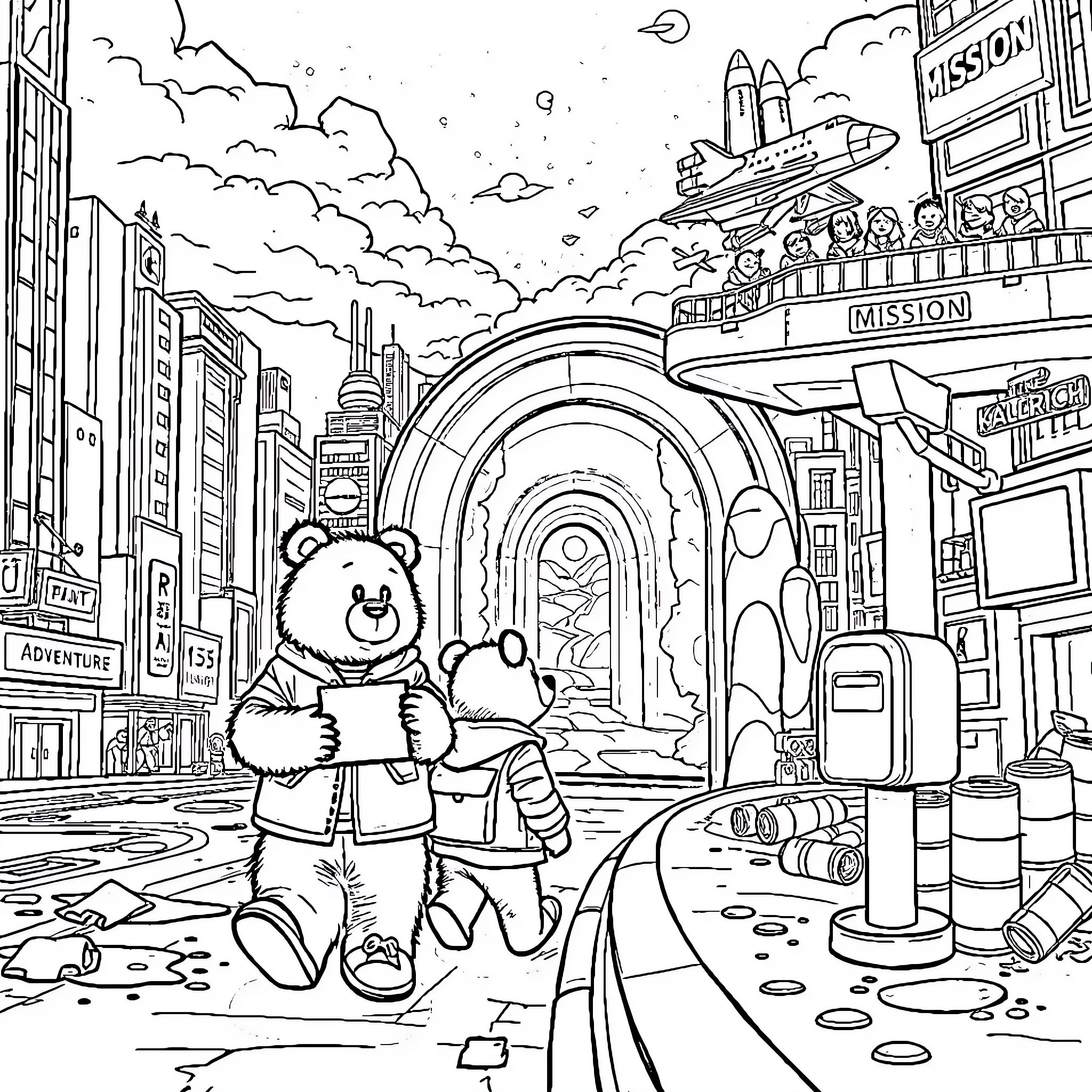 Bear exploring a fantastical city scene Coloring Page (free black-and-white line drawing printable PDF for all, from beginners to advanced learners, including children, teens, adults, and seniors)