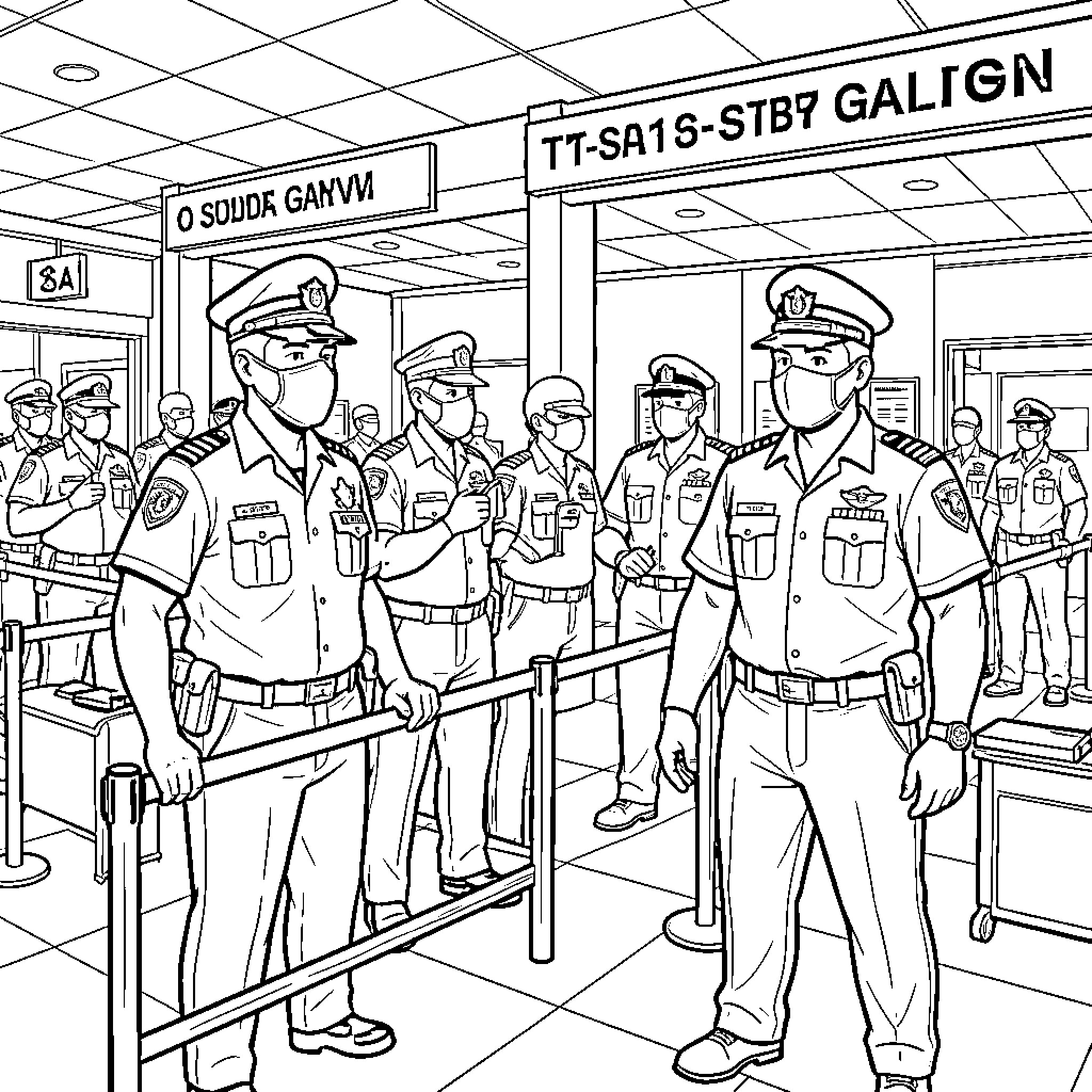 Ice Agent: Law Enforcement Agents in Uniform at Airport Terminal Coloring Page (free black-and-white line drawing printable PDF for all, from beginners to advanced learners, including children, teens, adults, and seniors)
