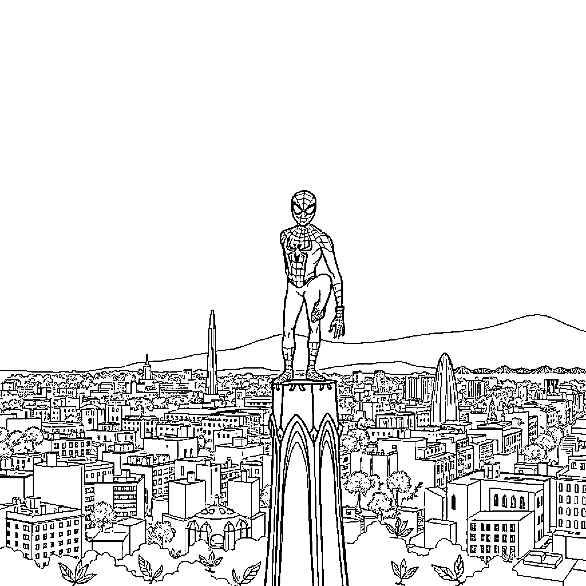 Spidey overlooking the city skyline Coloring Page (free black-and-white line drawing printable PDF for all, from beginners to advanced learners, including children, teens, adults, and seniors)