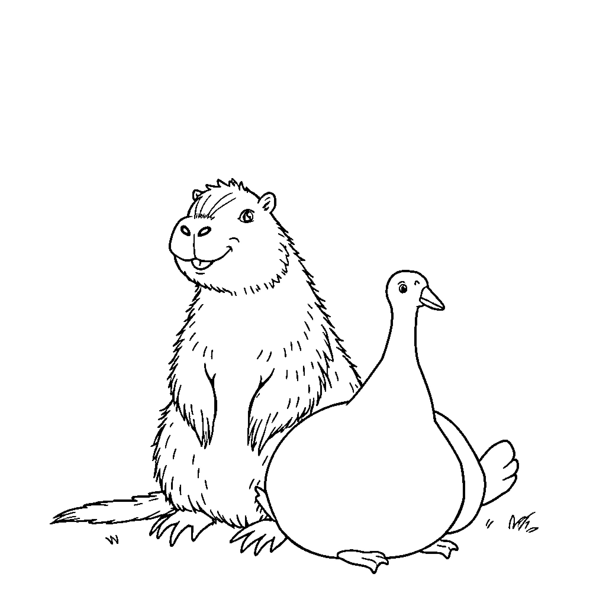 Capybara and duck enjoying each other's company Coloring Page (free black-and-white line drawing printable PDF for all, from beginners to advanced learners, including children, teens, adults, and seniors)