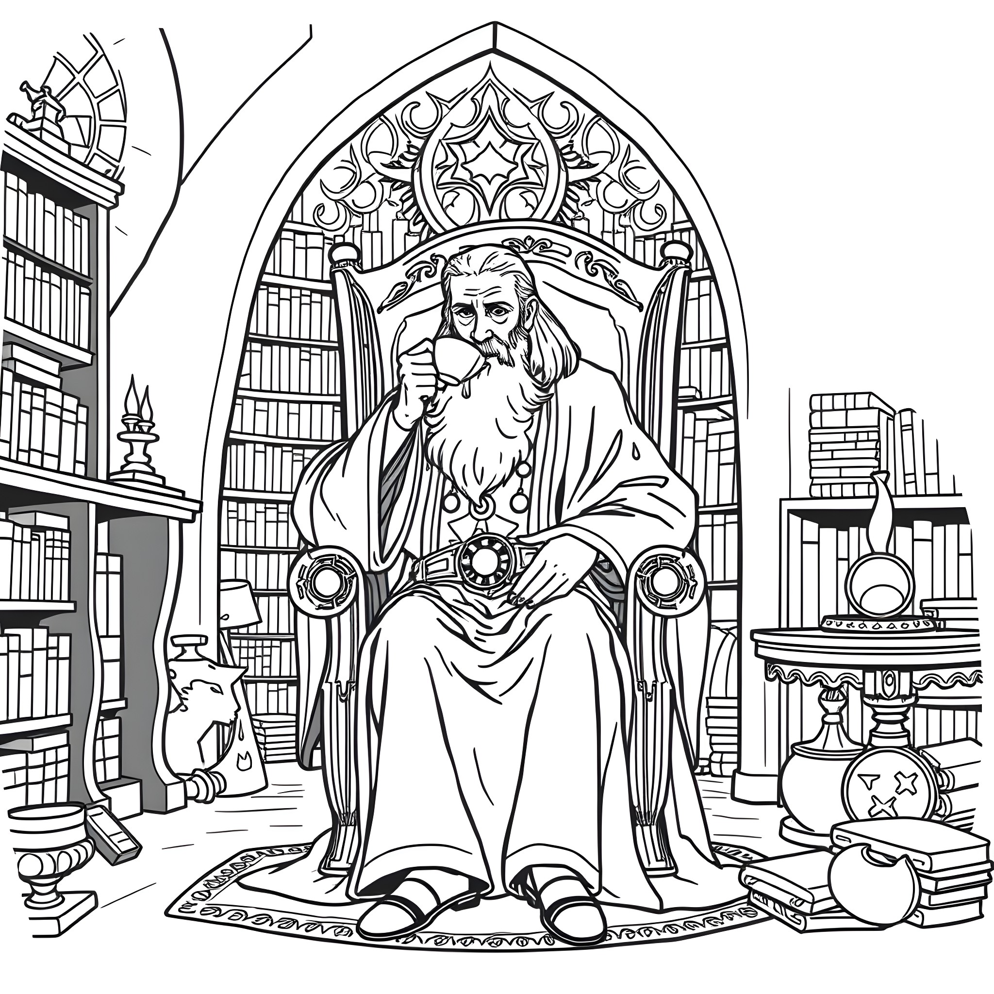 Saruman contemplating his dark plans in the library Coloring Page (free black-and-white line drawing printable PDF for all, from beginners to advanced learners, including children, teens, adults, and seniors)