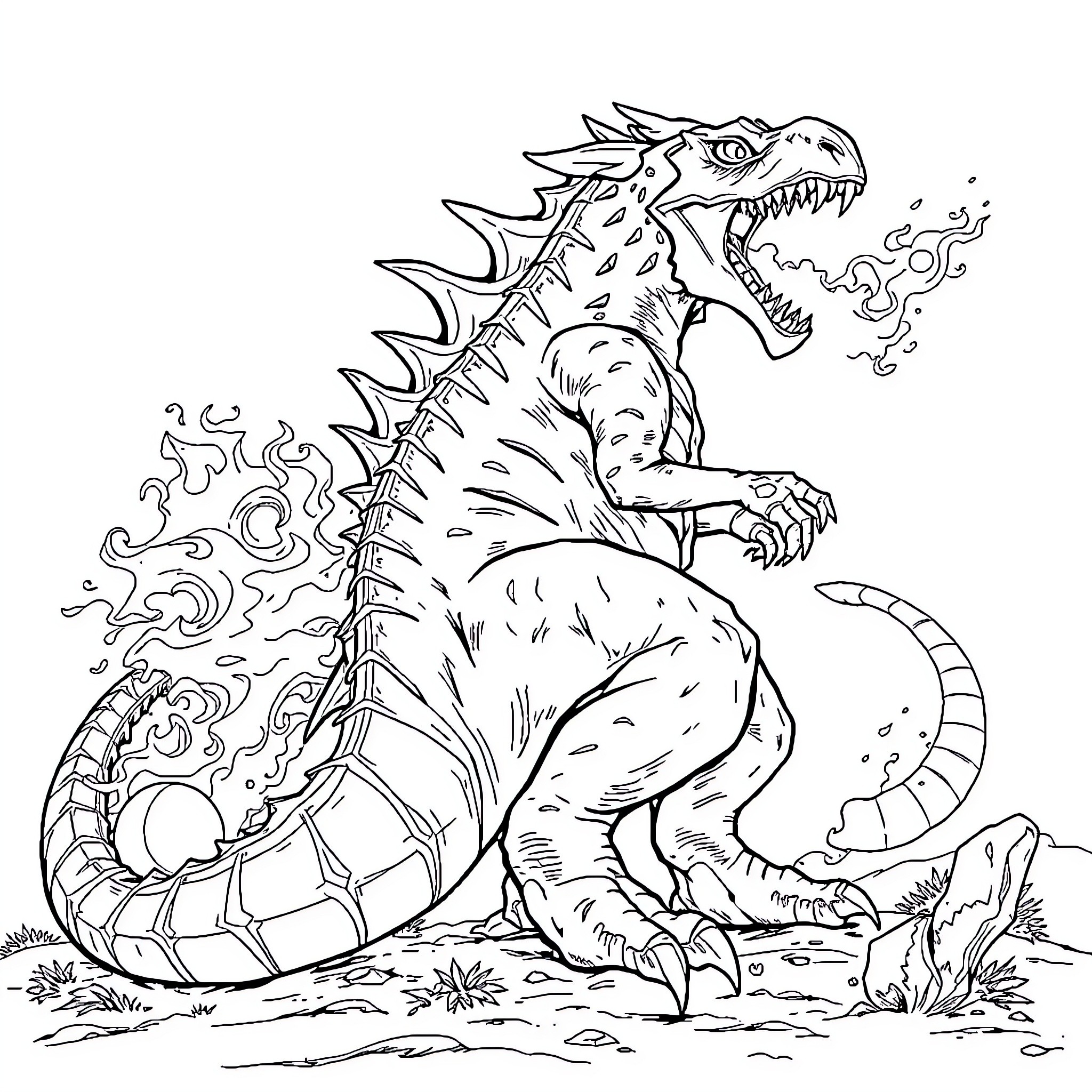 Tyrannosaurus roaring fiercely in the wild Coloring Page (free black-and-white line drawing printable PDF for all, from beginners to advanced learners, including children, teens, adults, and seniors)