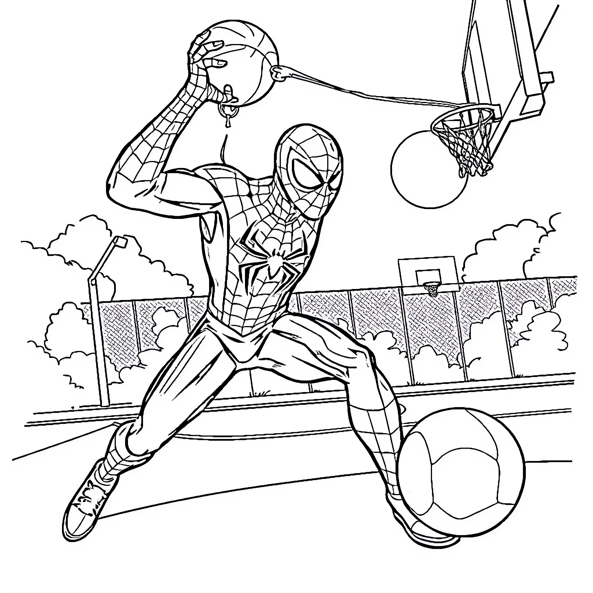 Spiderman dunking a basketball on the court Coloring Page (free black-and-white line drawing printable PDF for all, from beginners to advanced learners, including children, teens, adults, and seniors)