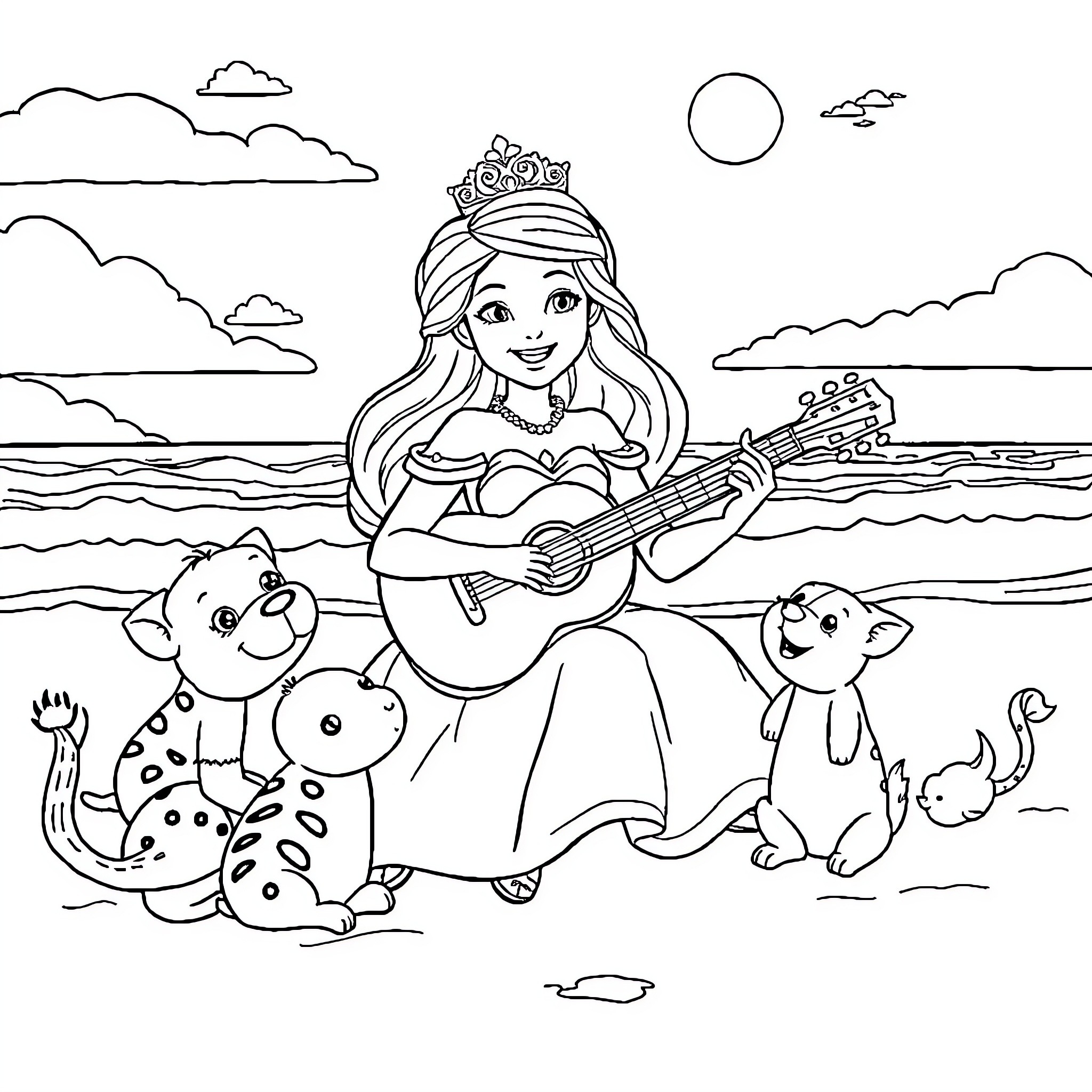 Princess Playing Guitar with Animal Friends on the Beach Coloring Page (free black-and-white line drawing printable PDF for all, from beginners to advanced learners, including children, teens, adults, and seniors)